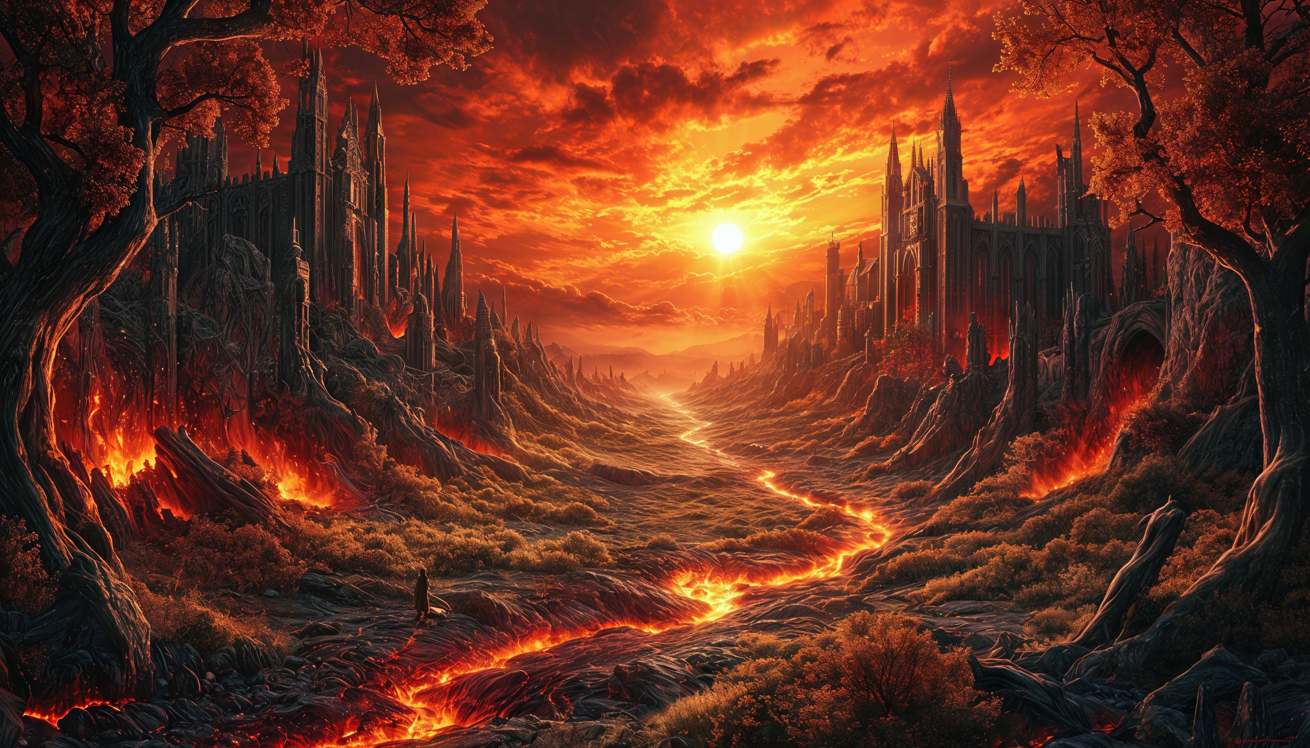 Бесплатное фото Фантастический пейзаж с потоком лавы, готическими замками и огненными деревьями на фоне заката.