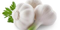 Три головки чеснока, популярного ингредиента, известного своим острым вкусом и полезными свойствами.