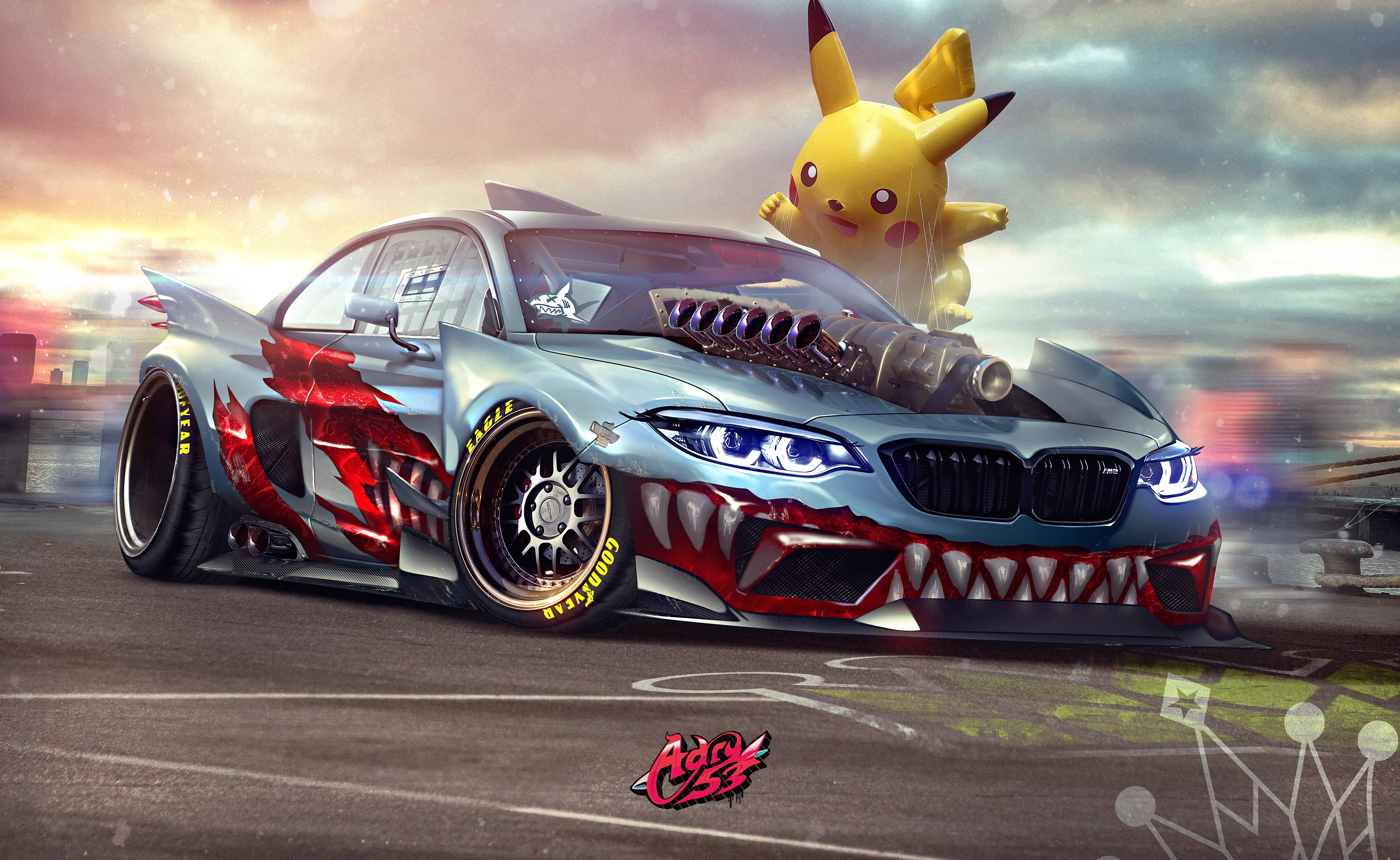 Free photo Cartoon BMW M2 with Pikachu