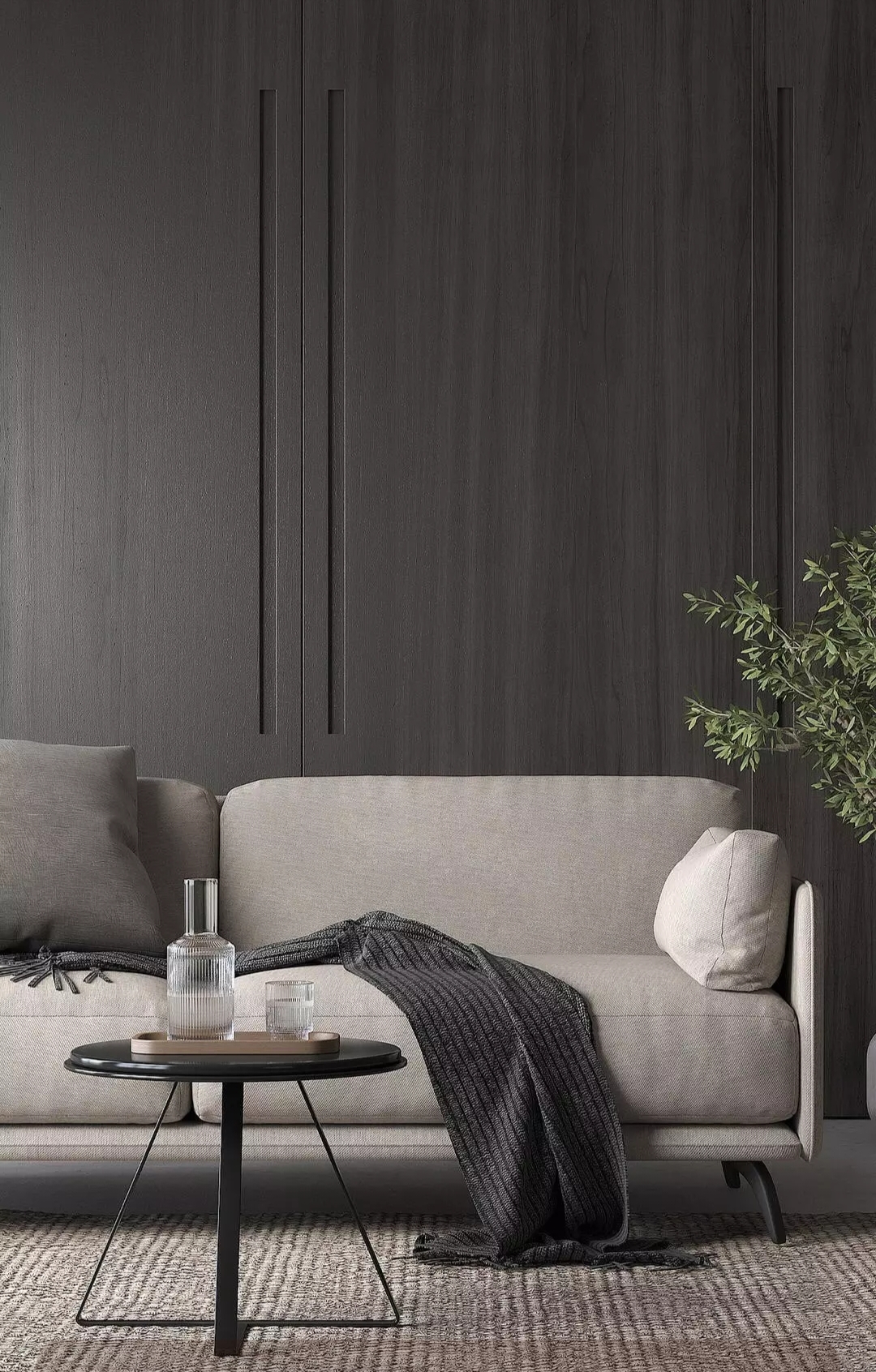 Бесплатное фото Современный интерьер гостиной с диваном и темными стенами