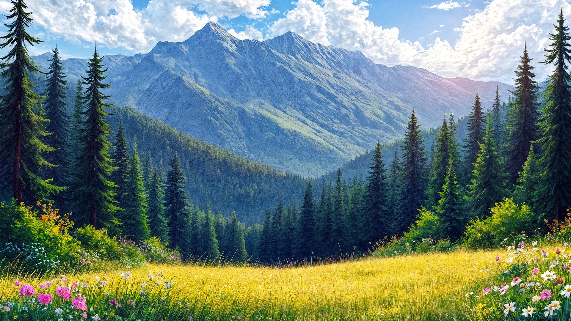 Бесплатное фото Пейзаж горы и трава с хвойным лесом