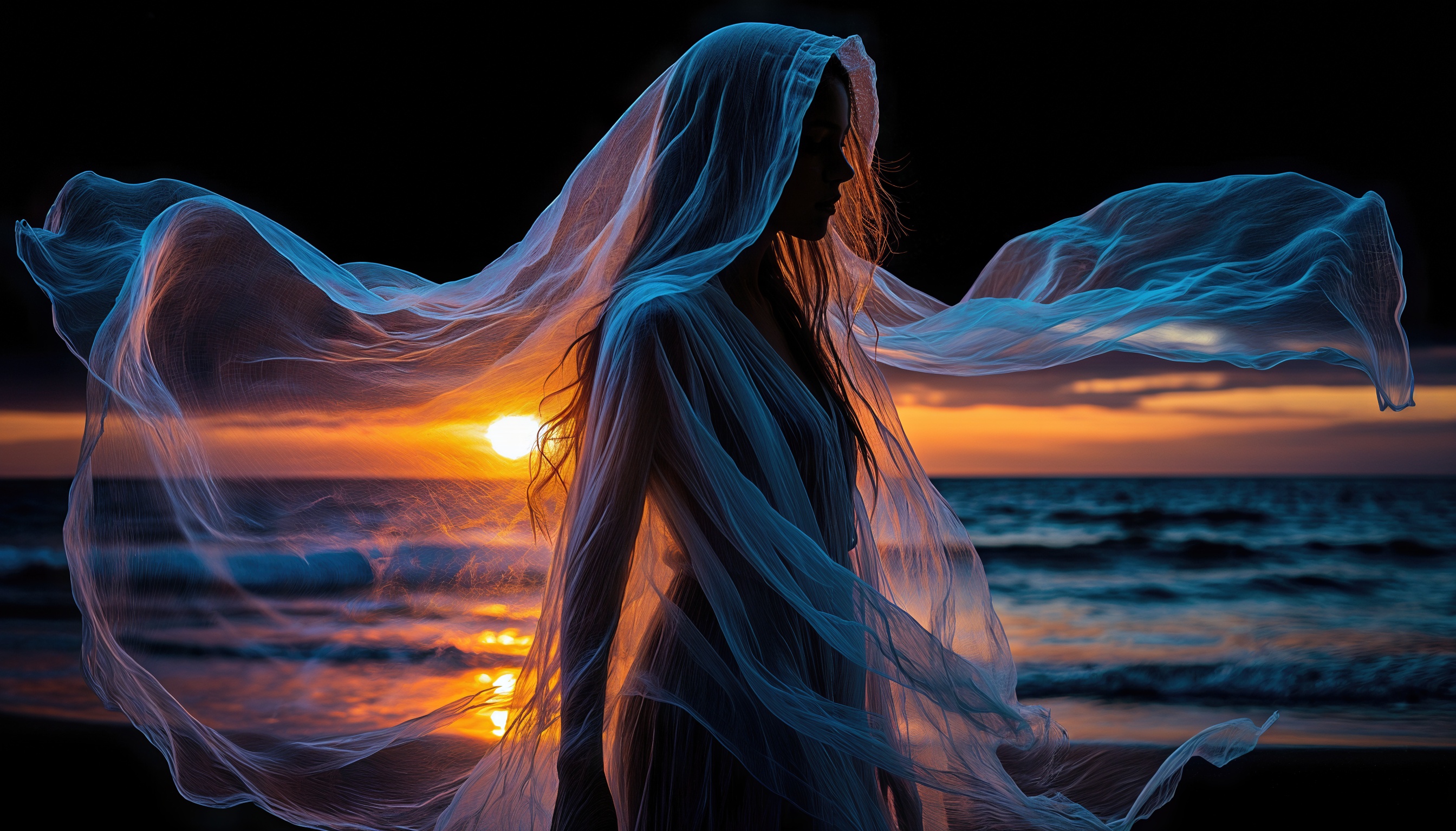 Бесплатное фото Девушка в полупрозрачной вуали на фоне закатного моря.