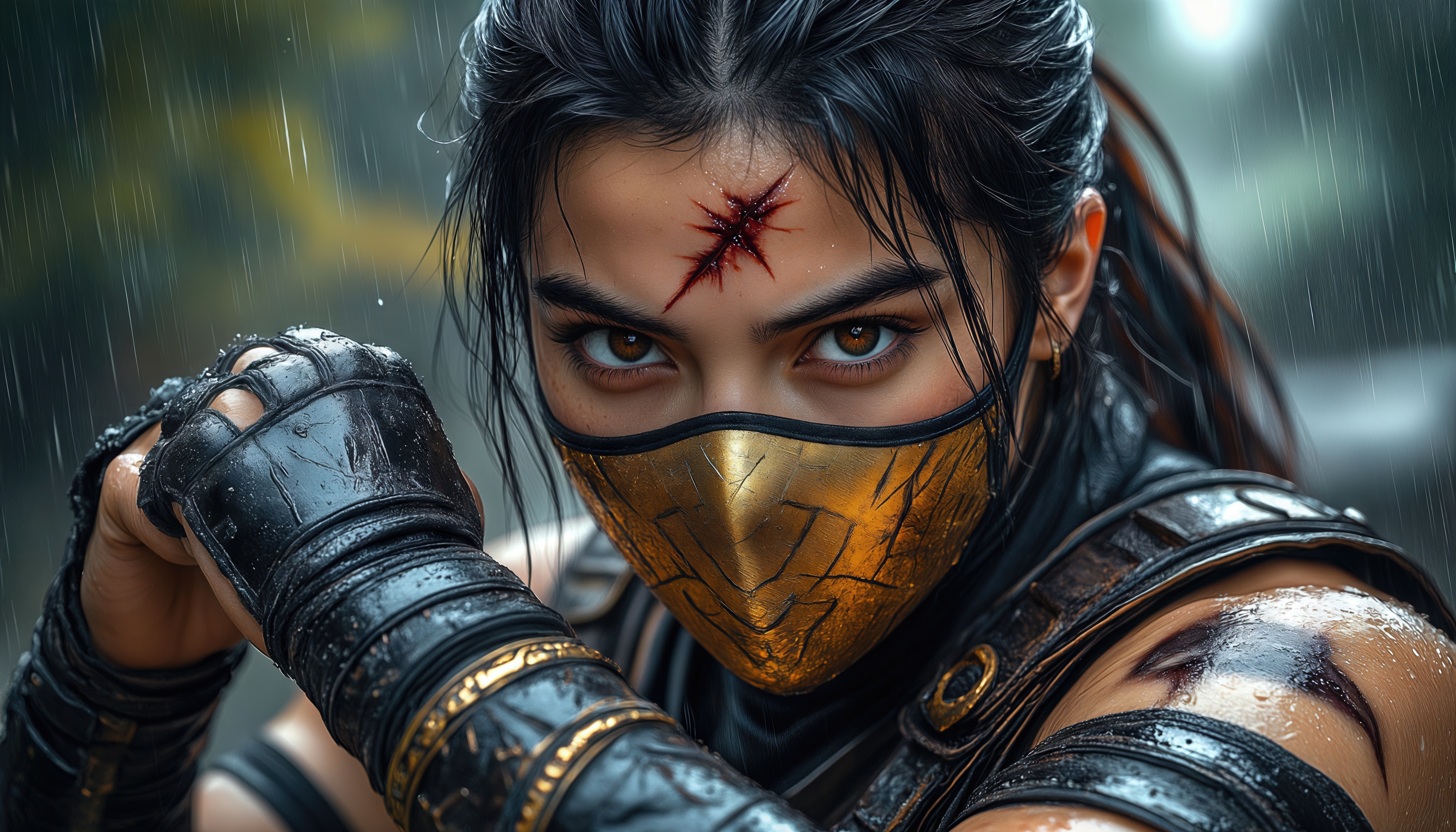 Бесплатное фото Воительница в кожаных доспехах, с кровью на лбу, взгляд полон огня.