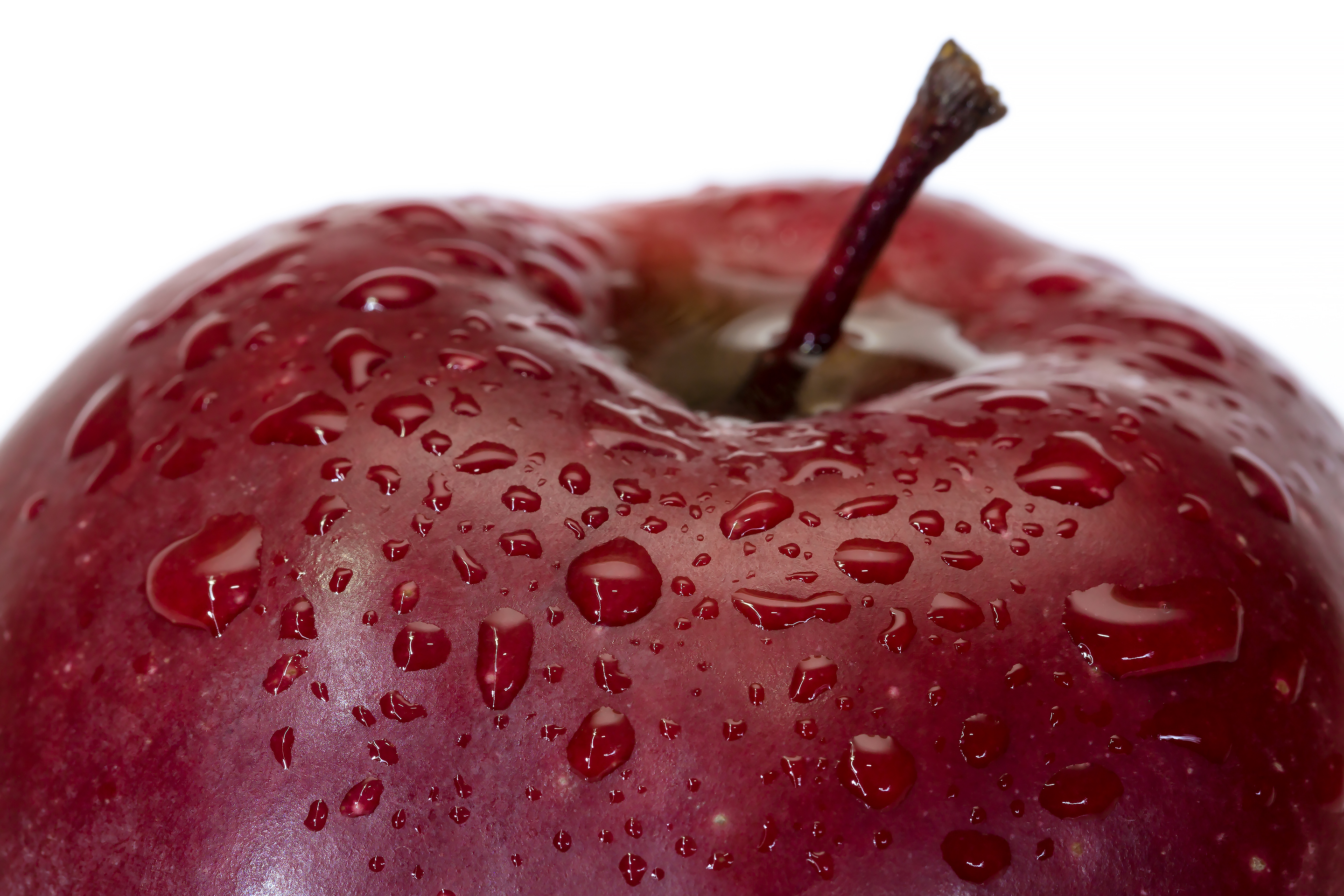 Красное яблоко в каплях воды крупным планом