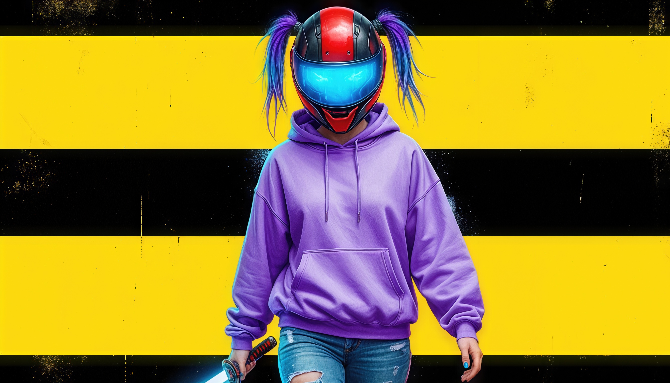 Девушка в футуристическом шлеме и фиолетовом худи на черно-желтом фоне держит оружие.