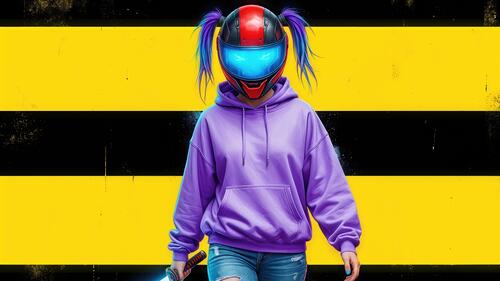 Бесплатное фото Девушка в футуристическом шлеме и фиолетовом худи на черно-желтом фоне держит оружие.