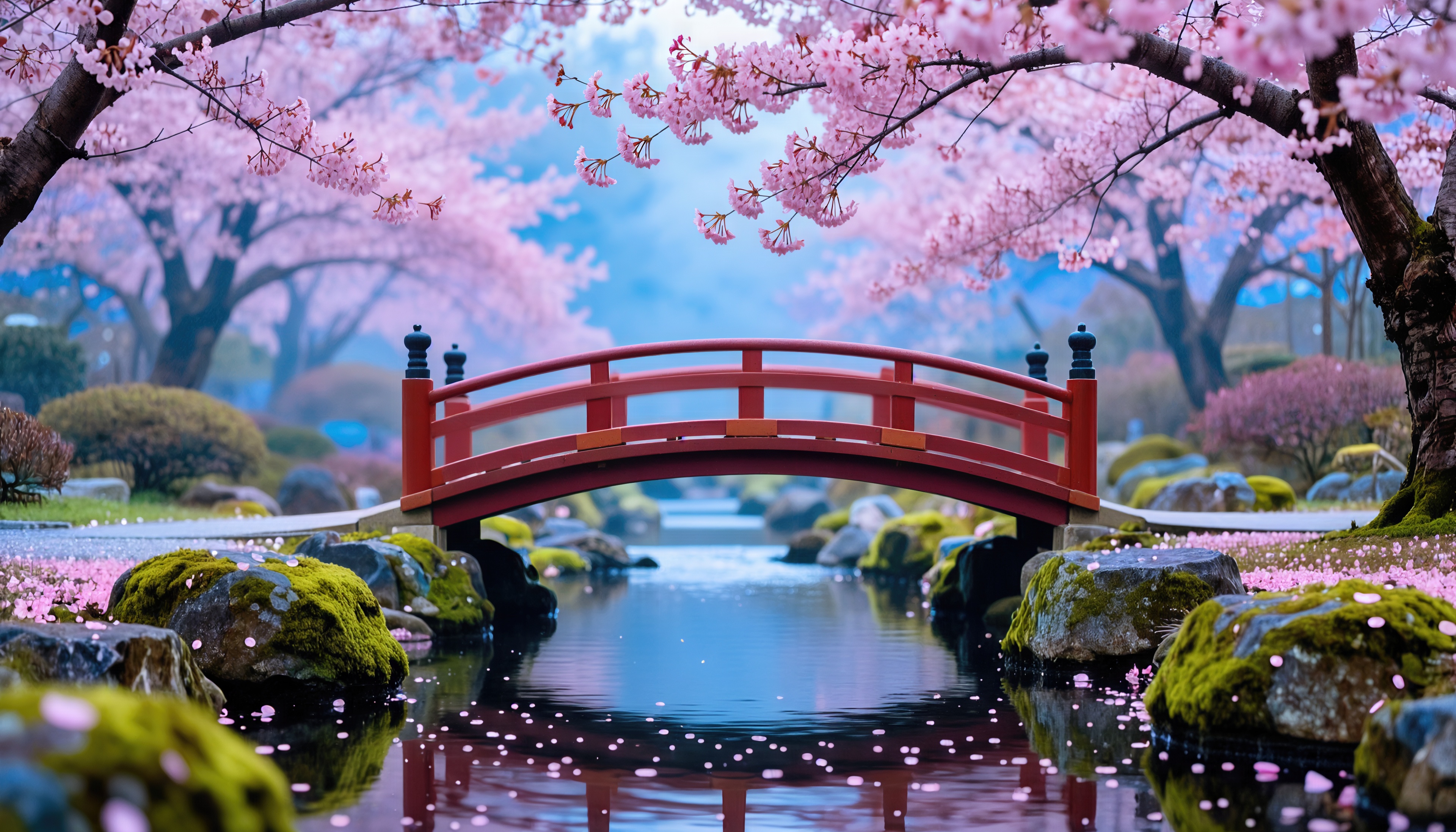 Free photo A red wooden bridge spans a forest stream surrounded by luxuriantly blooming Japanese sakura trees.