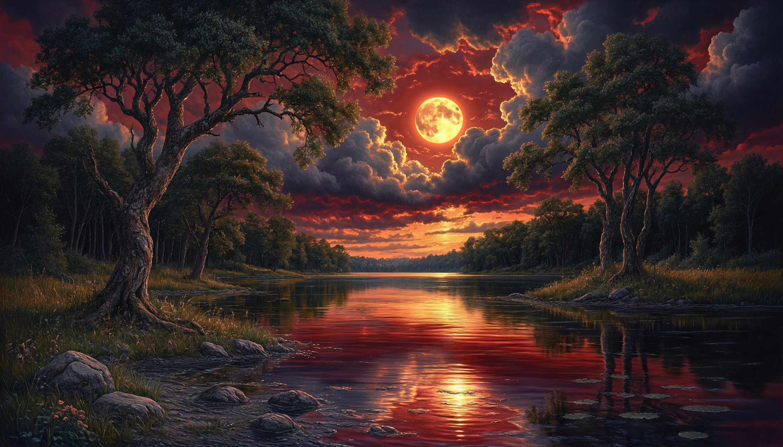 Бесплатное фото Пейзаж с рекой, отражающей красное небо, и лесом на заднем плане.