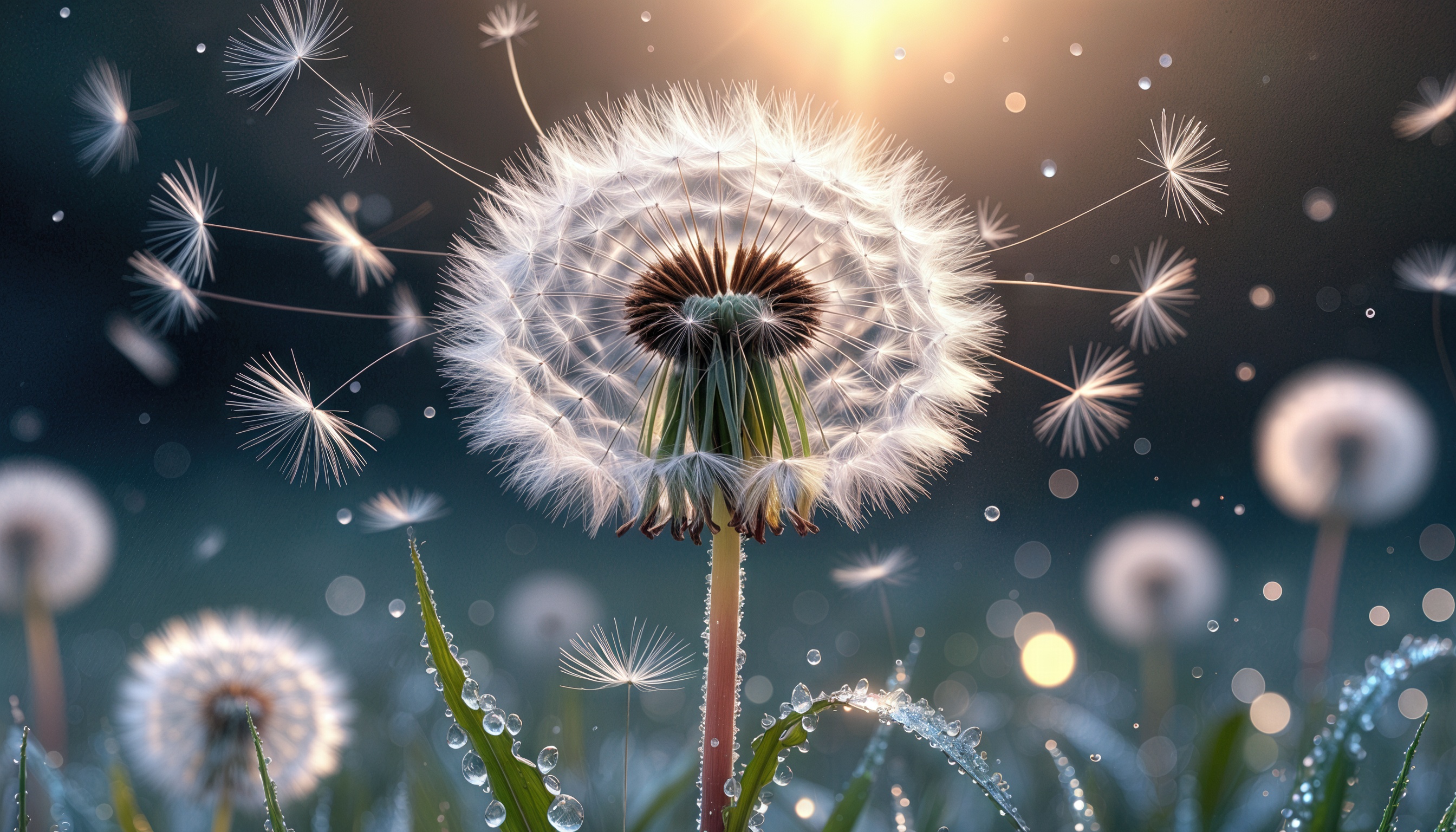 Бесплатное фото Одуванчик, словно пушистый шар, в лучах солнца, окруженный легкими семенами, готовыми к полету.
