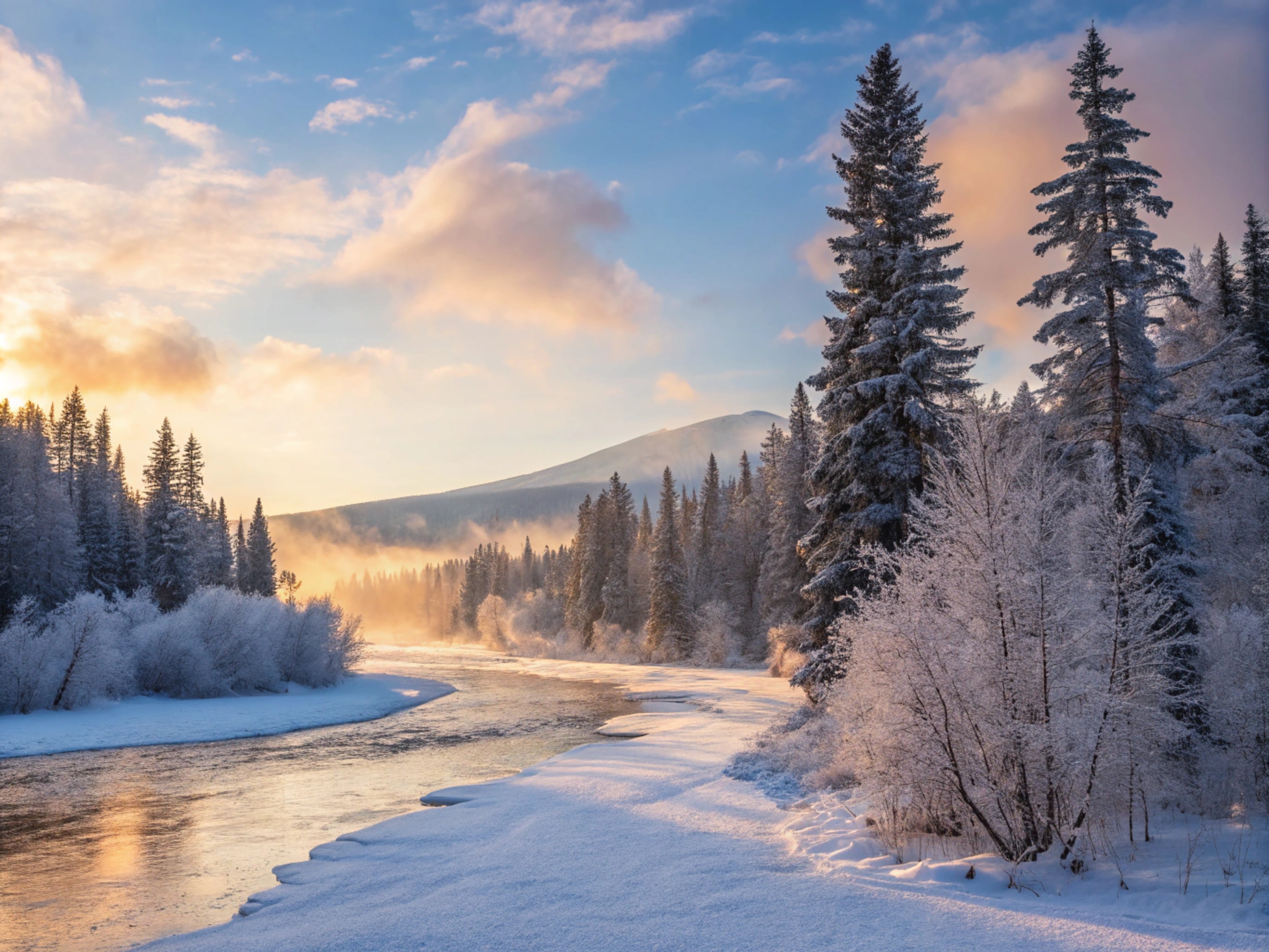 Бесплатное фото Морозное утро над рекой  с туманом и лесом