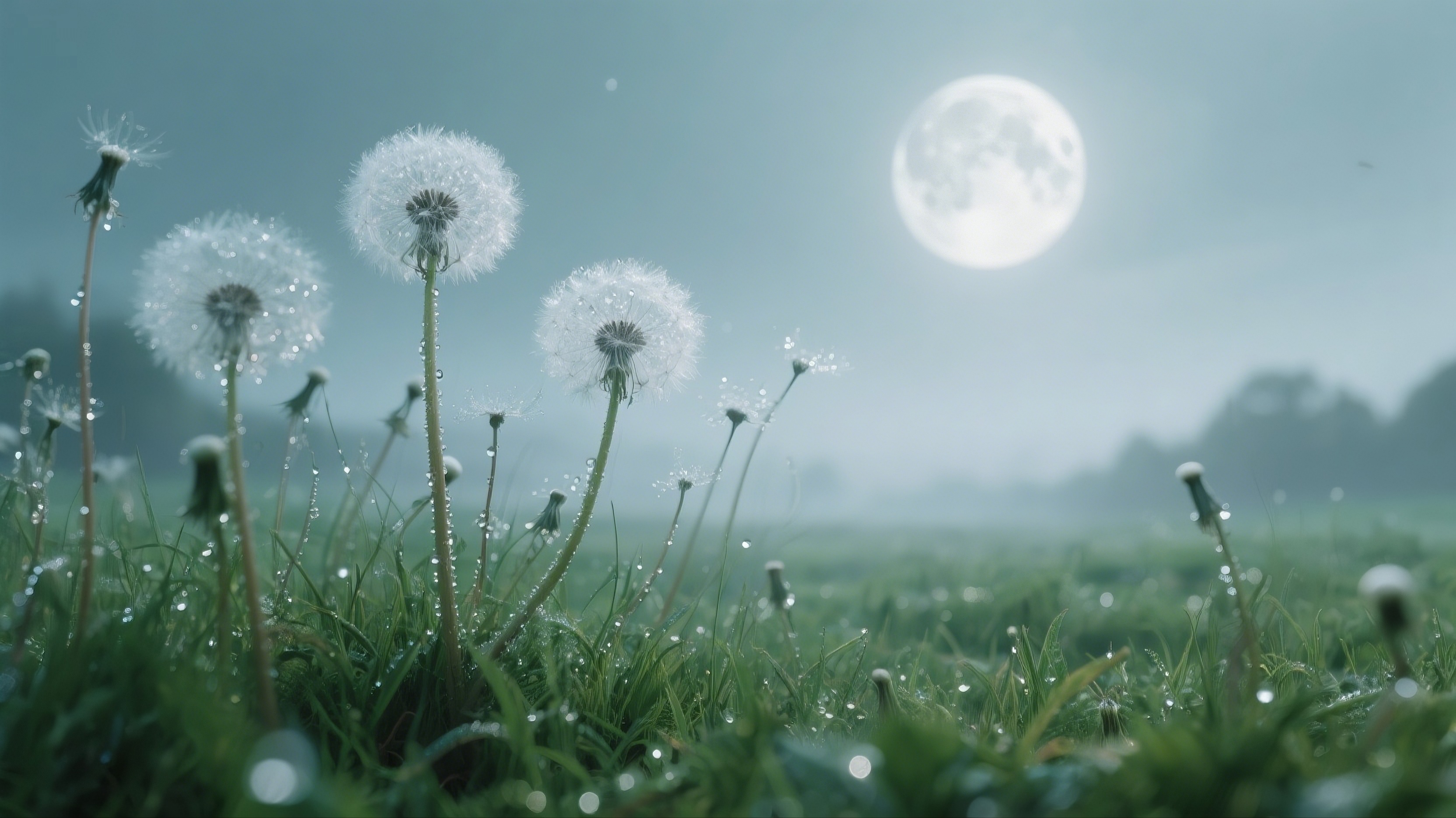 Grass with droplets on it under a full moon