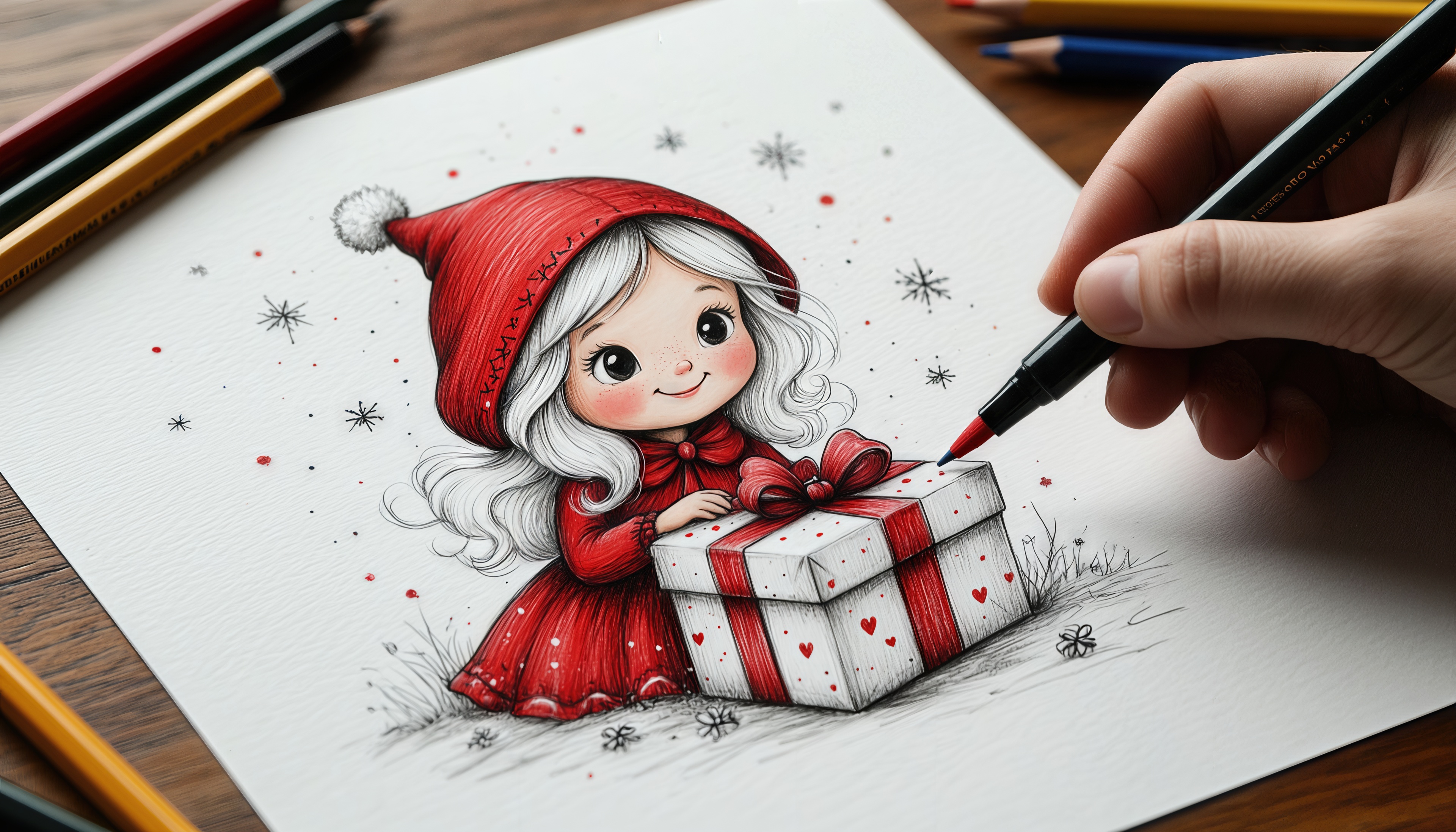 Зимний рисунок: девочка с бантом и коробкой подарков.