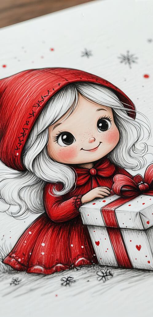 Бесплатное фото Зимний рисунок: девочка с бантом и коробкой подарков.