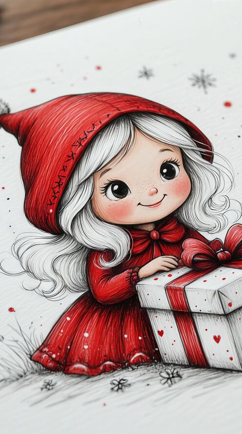Бесплатное фото Зимний рисунок: девочка с бантом и коробкой подарков.