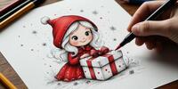 Зимний рисунок: девочка с бантом и коробкой подарков.