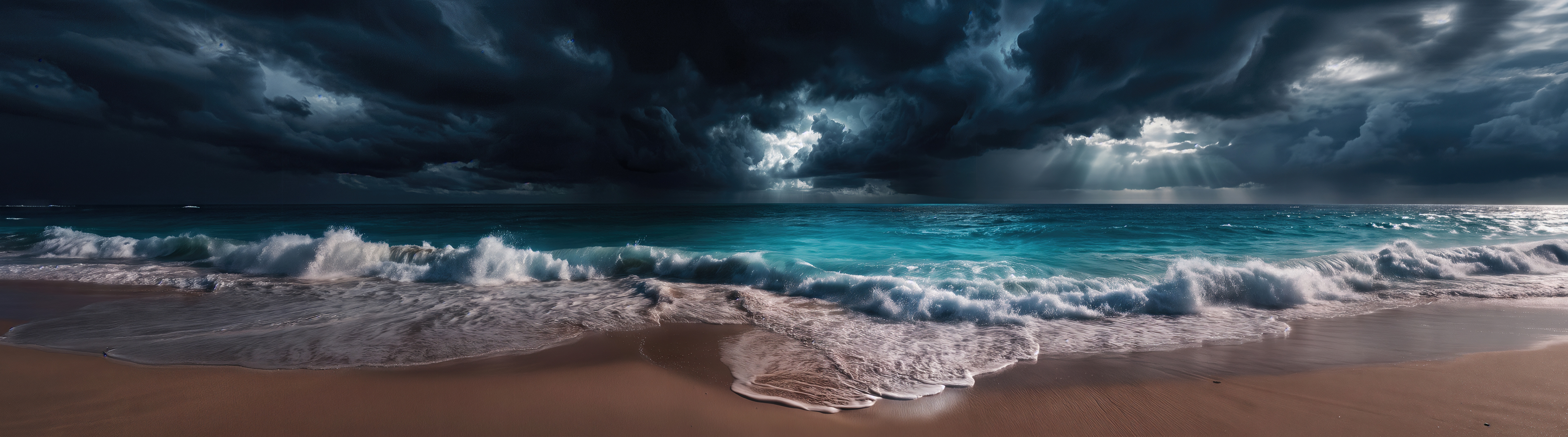 Free photo Large-format panorama of the raging turquoise ocean rolling with foamy waves onto the sandy beach shore.