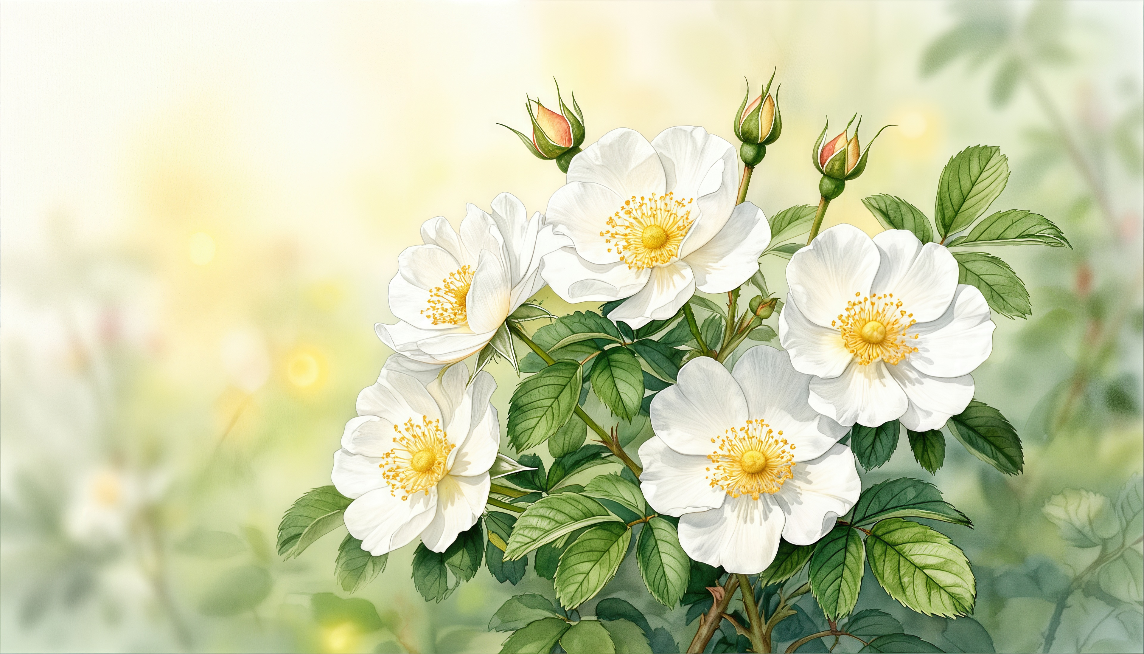 Free photo The white rosehip flowers in the morning sun are a symbol of memory and peace.
