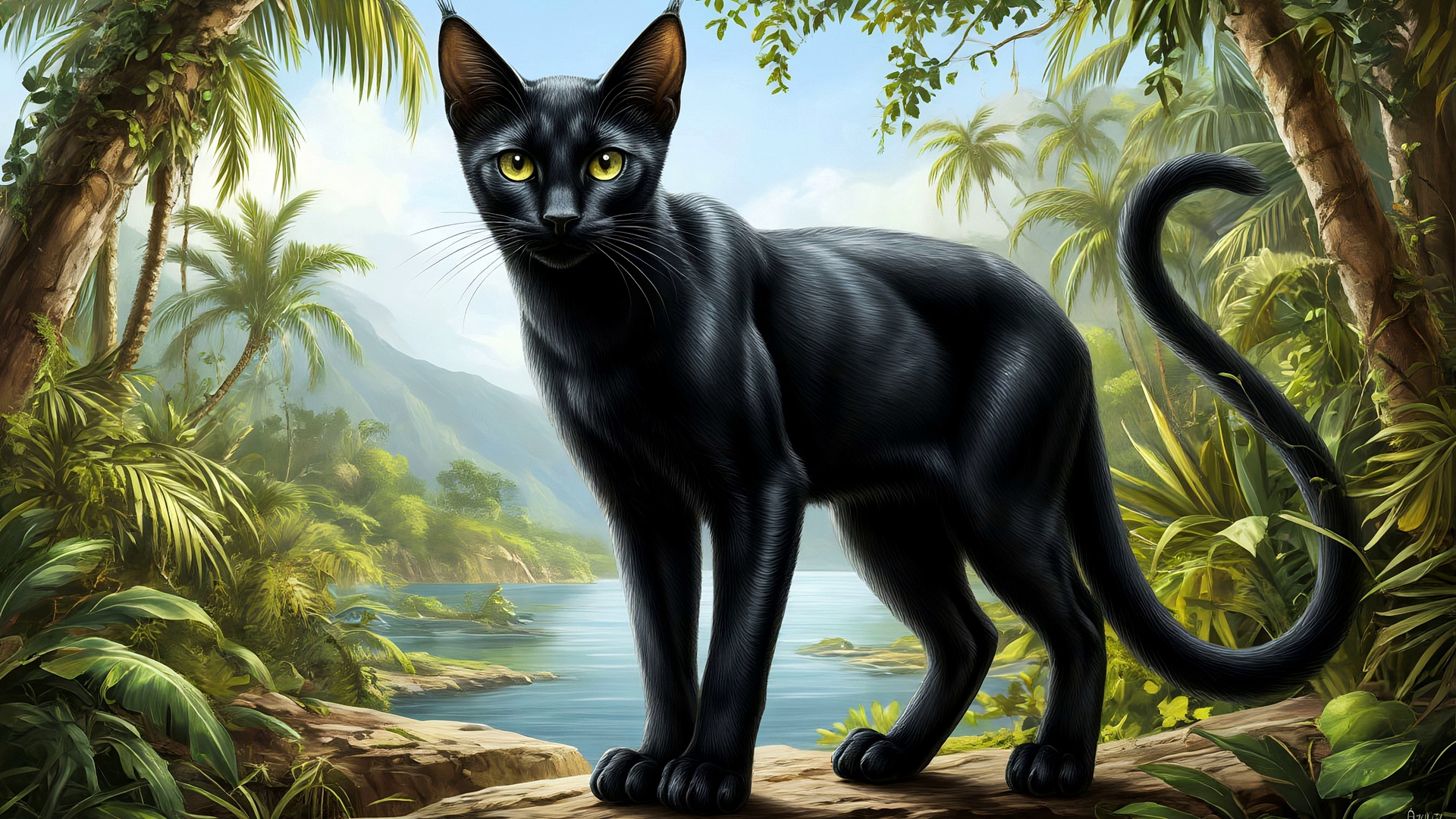 Бесплатное фото Черный лесной кот стоит на фоне тропического леса
