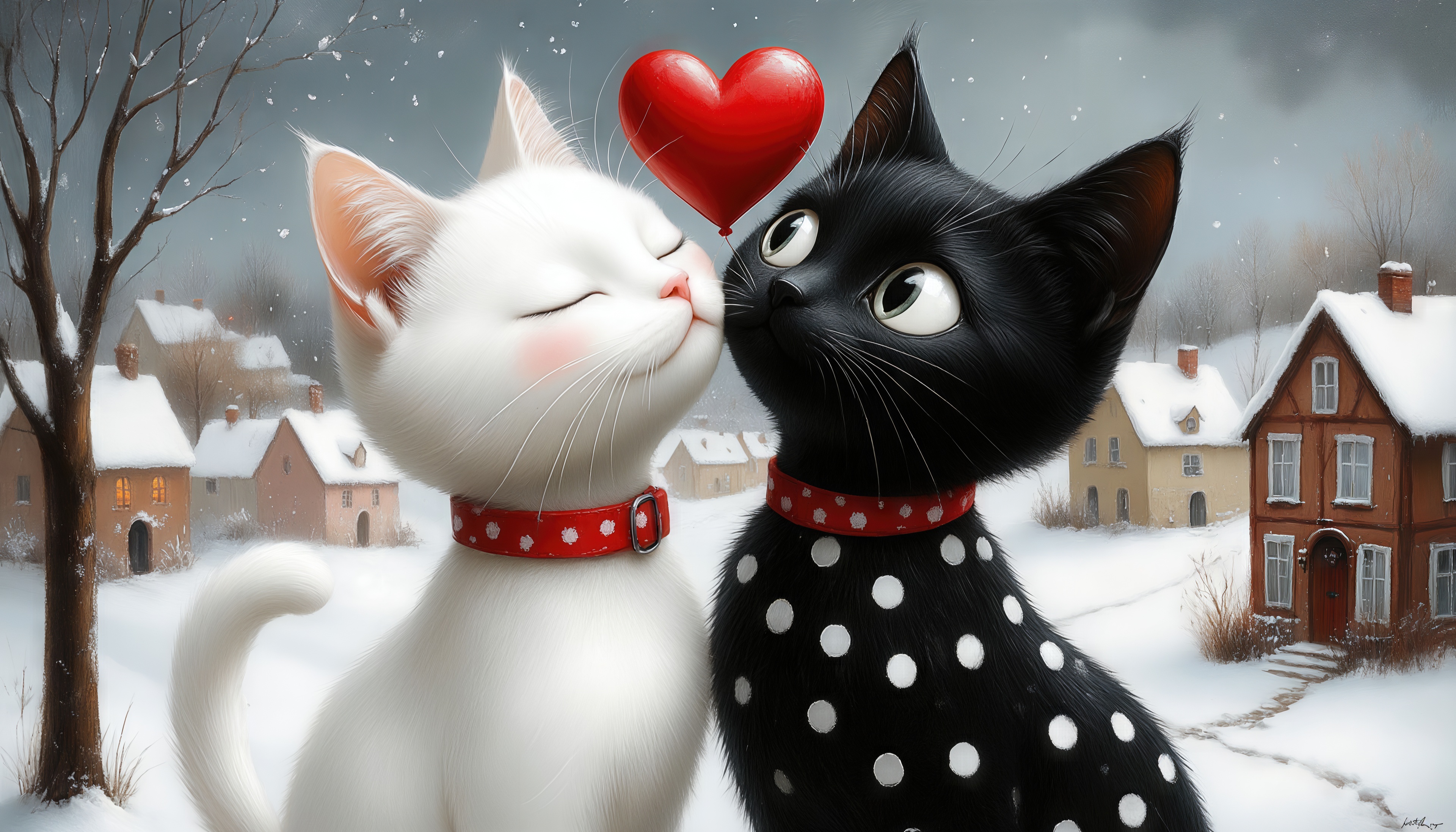 免费照片一只白色和一只黑色的猫在一个白雪皑皑的村庄的背景下亲吻，他们之间有一颗明亮的心。