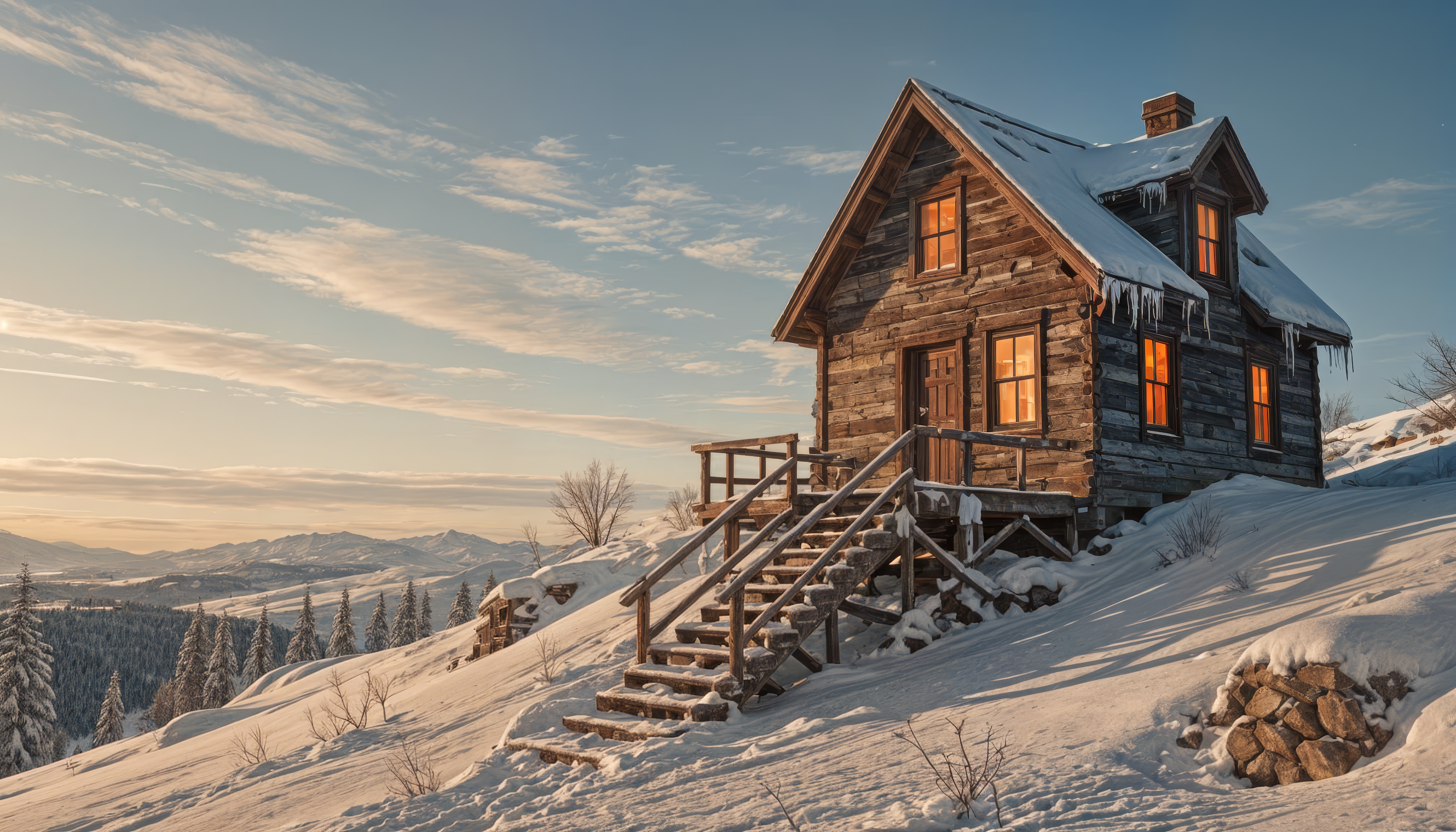 Бесплатное фото Маленькая хижина, приютившаяся на заснеженной горе