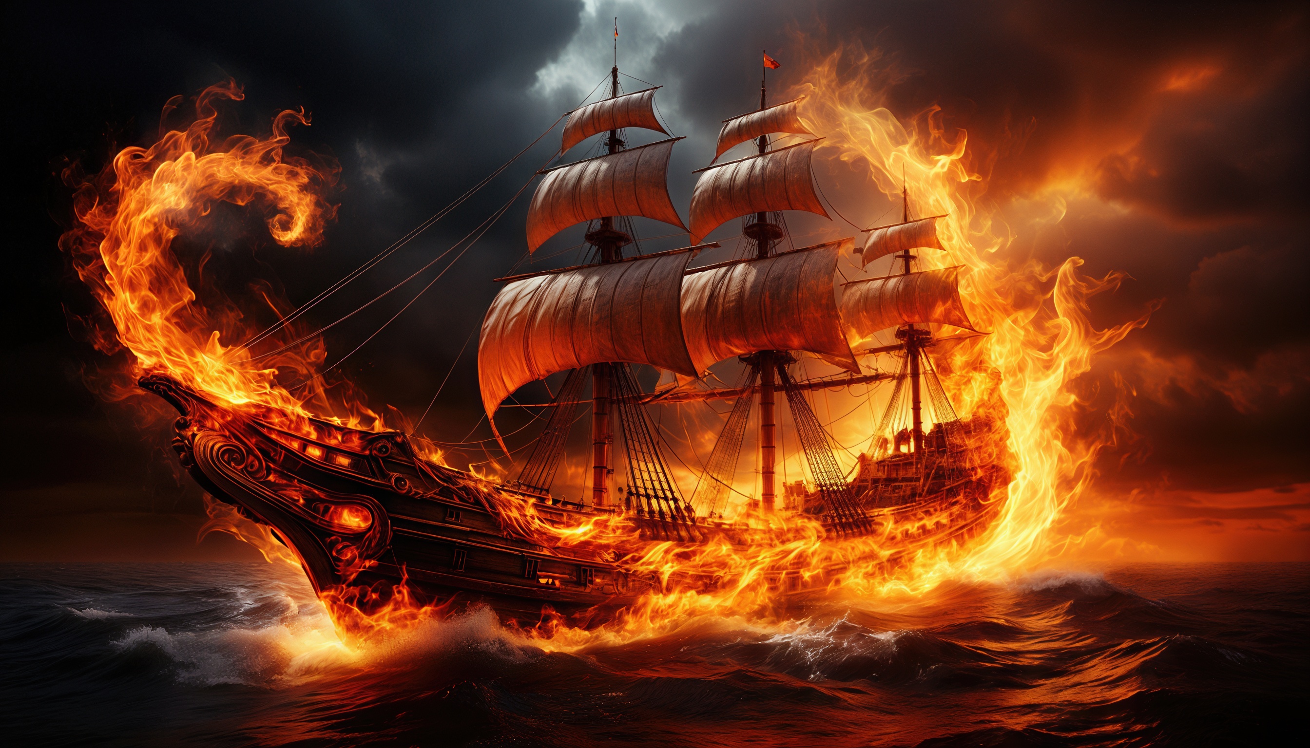 Бесплатное фото Корабль, охваченный пламенем, плывет по бурному морю под темным грозовым небом.