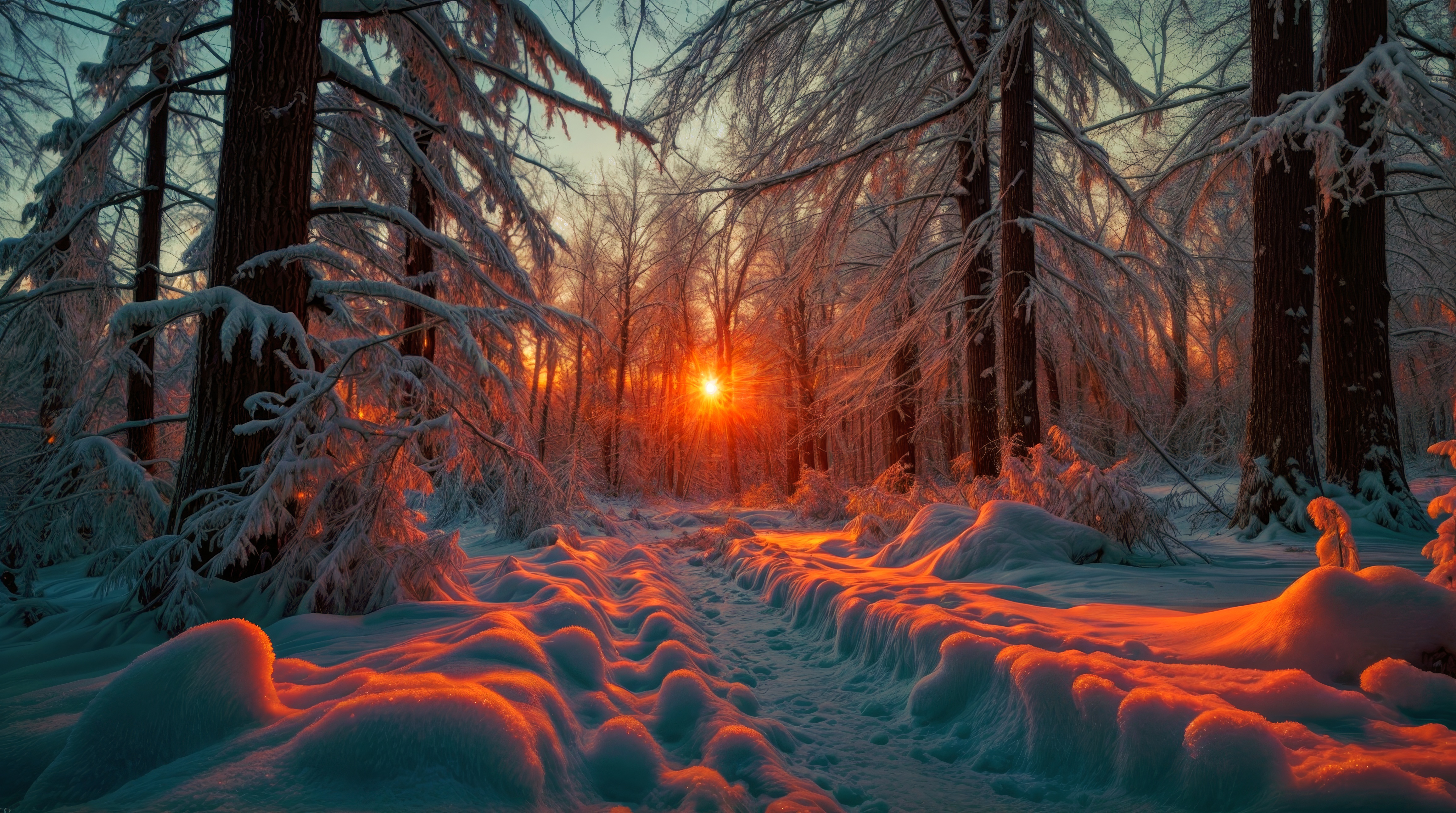 Солнце садится над заснеженным лесом за высокими деревьями.