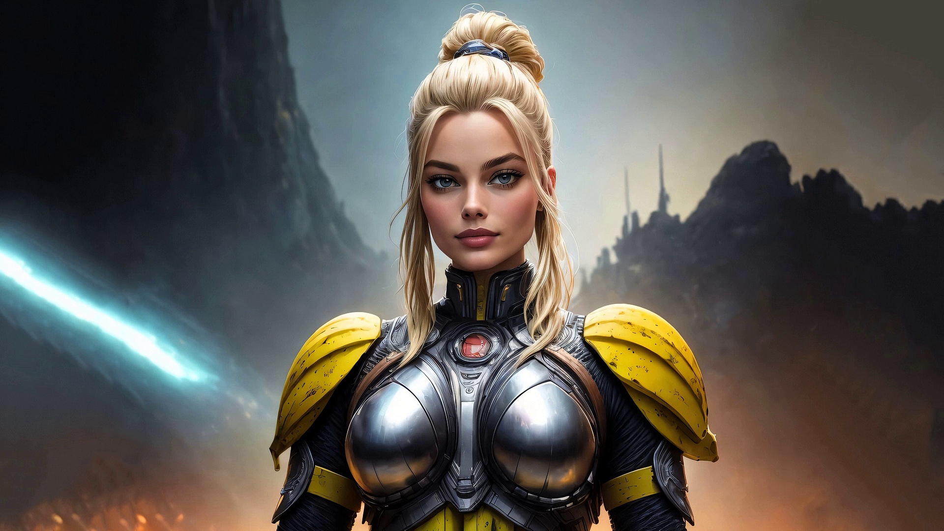 Free photo Portrait of a fantastic girl in armor against a background of mountains