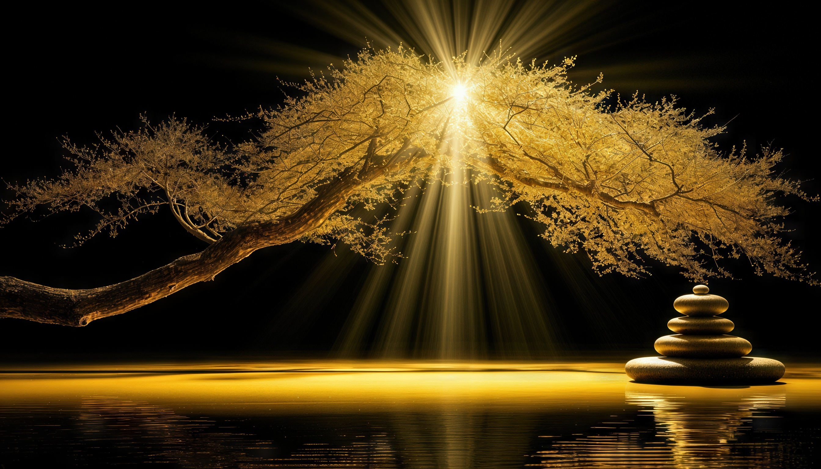 一棵金色枝干和树根的树，在阳光的照耀下，底部有一座佛塔。