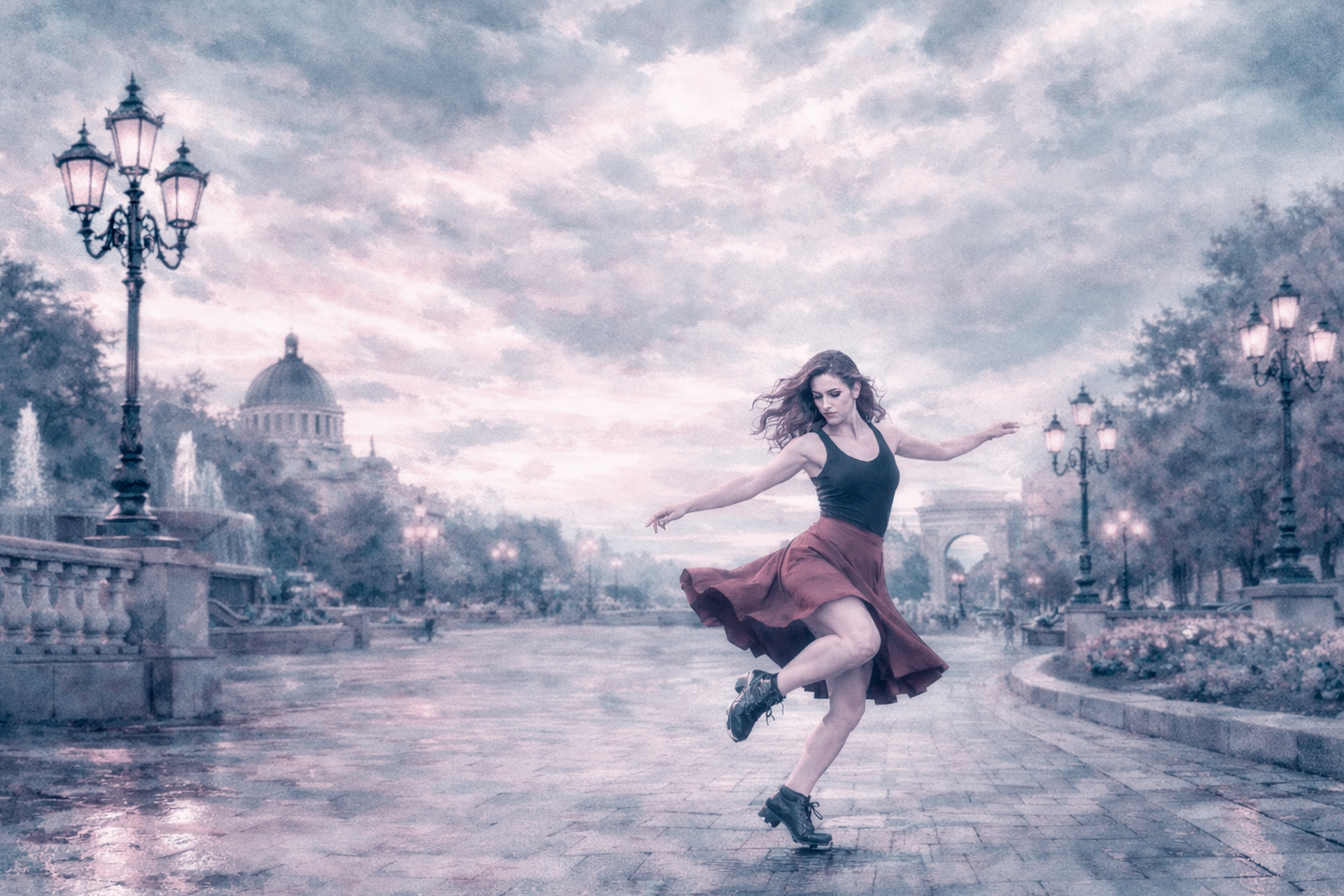 Бесплатное фото Танец на мокром проспекте