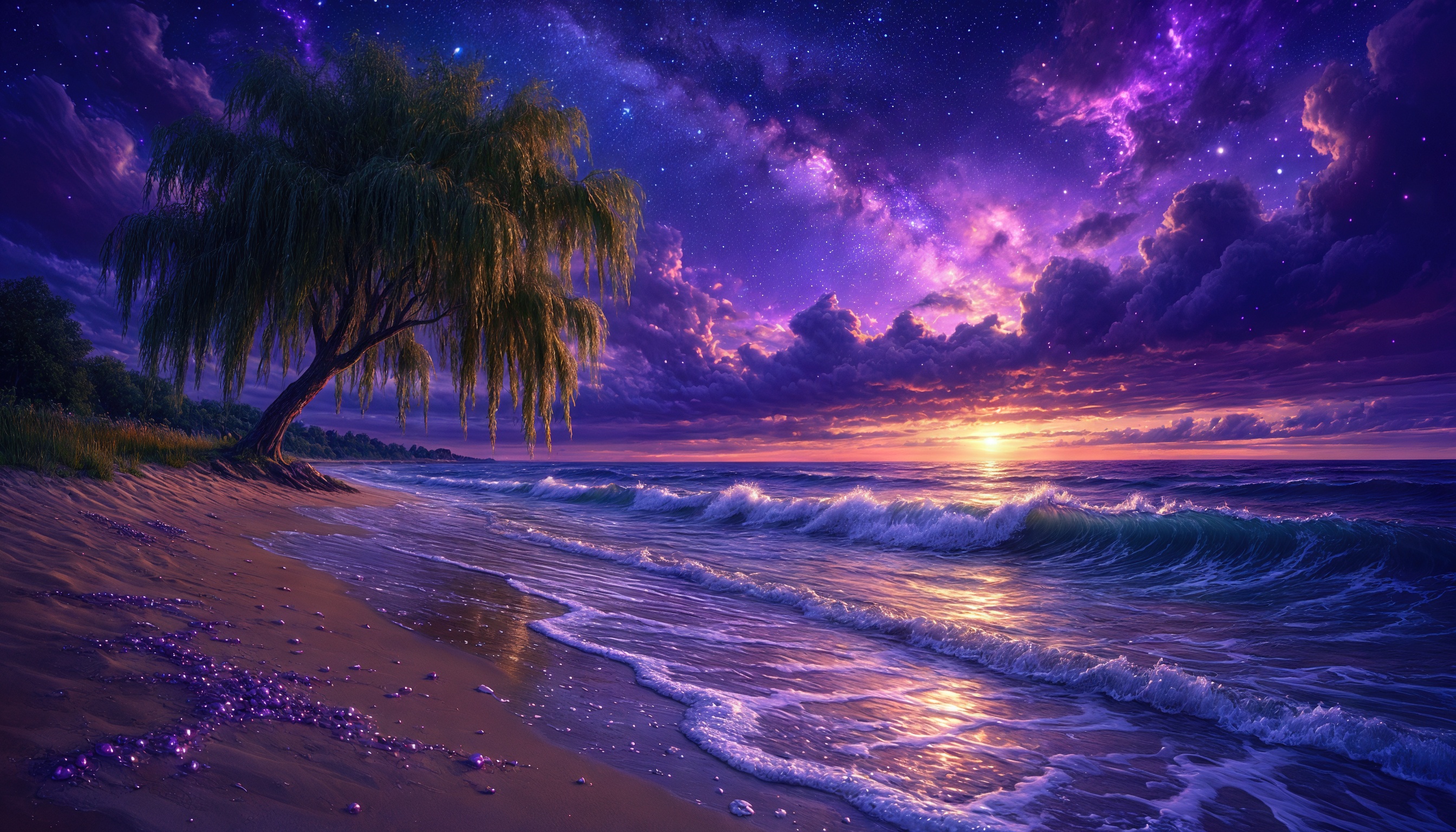 Бесплатное фото Закат над морем в фантастических фиолетовых тонах, ива склонилась к воде.