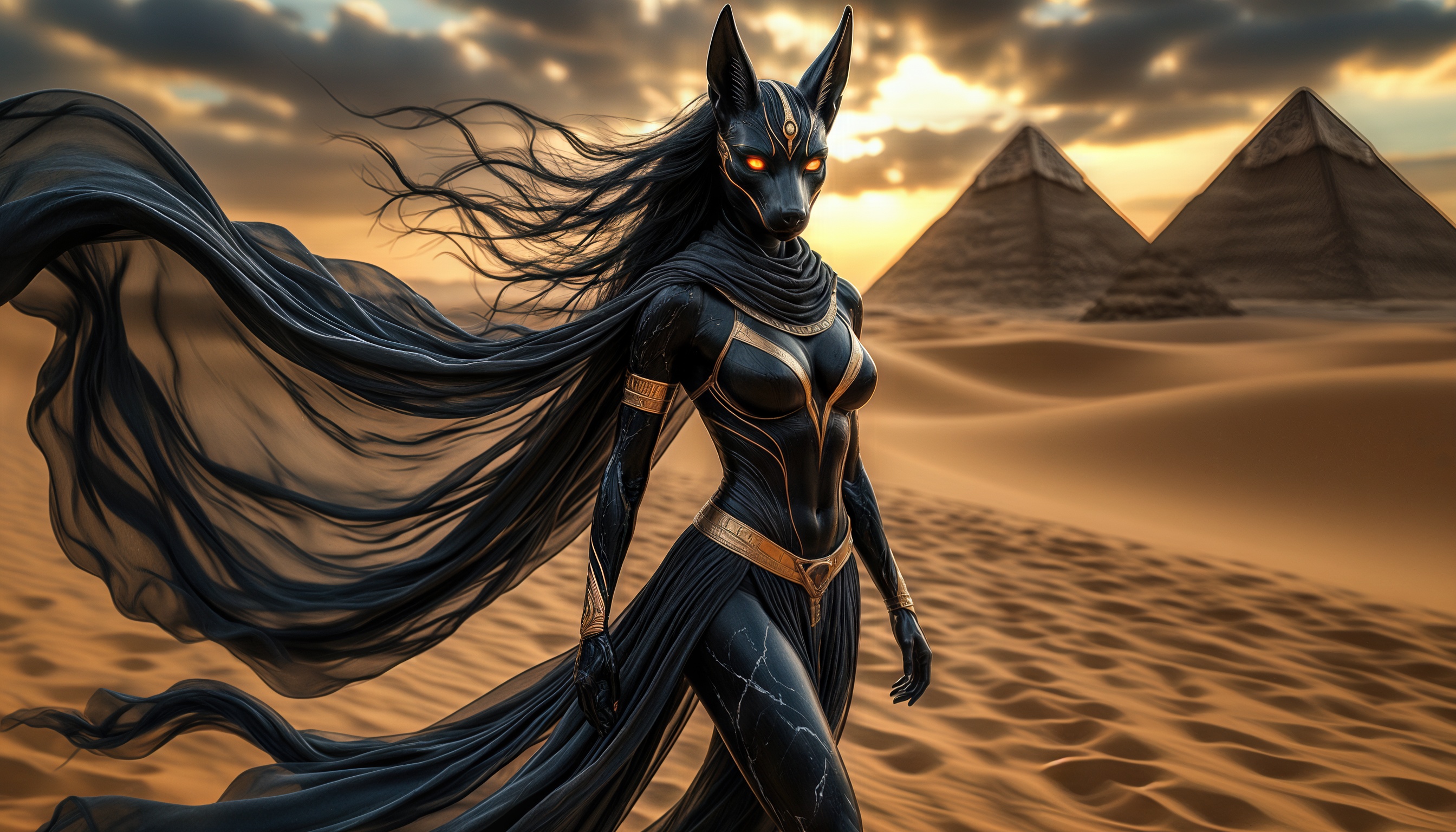 Бесплатное фото Египетская богиня Бастет в современном стиле на фоне пустыни и пирамид.