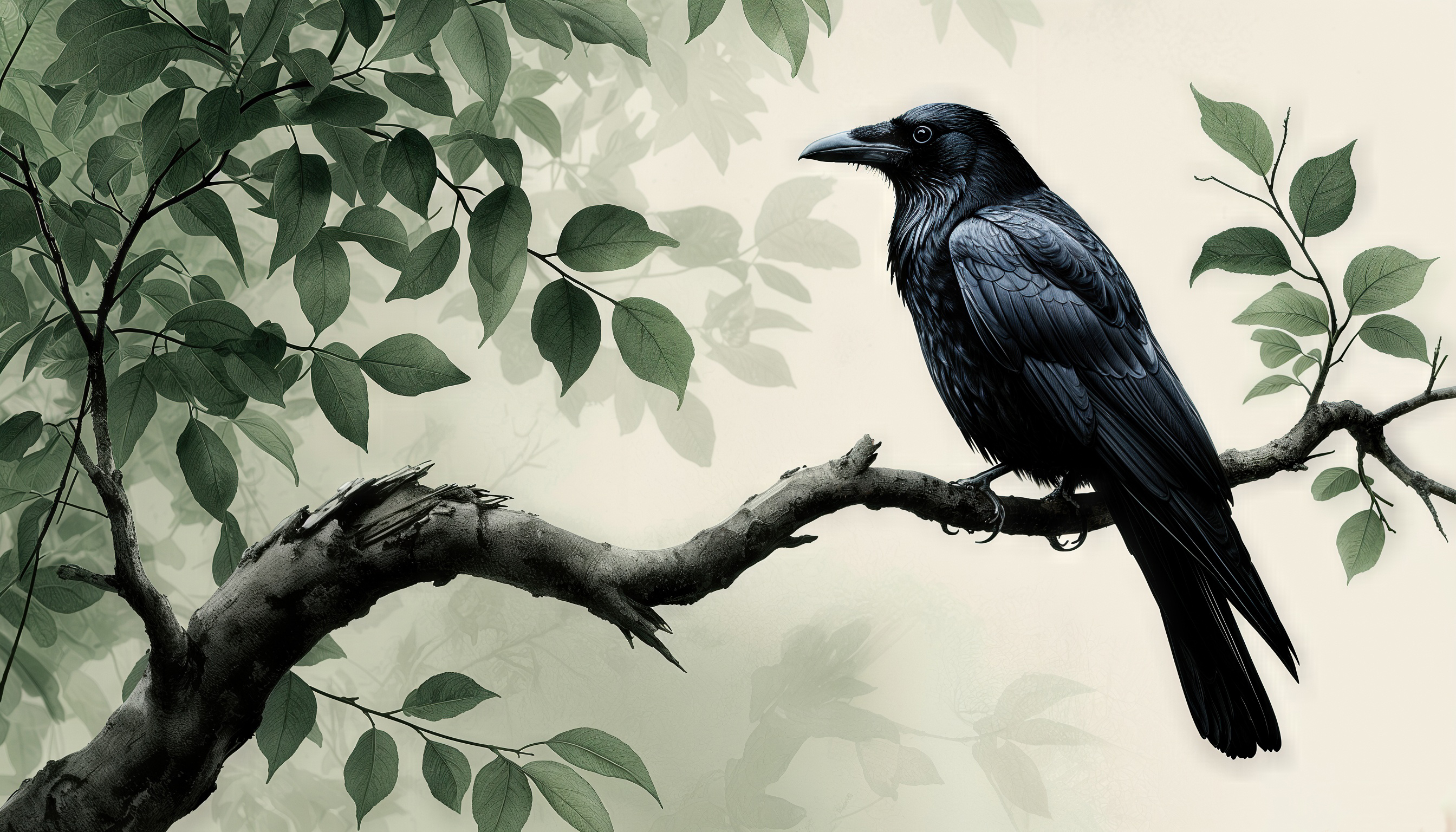 Ворон сидит на ветке дерева среди зелёных листьев.