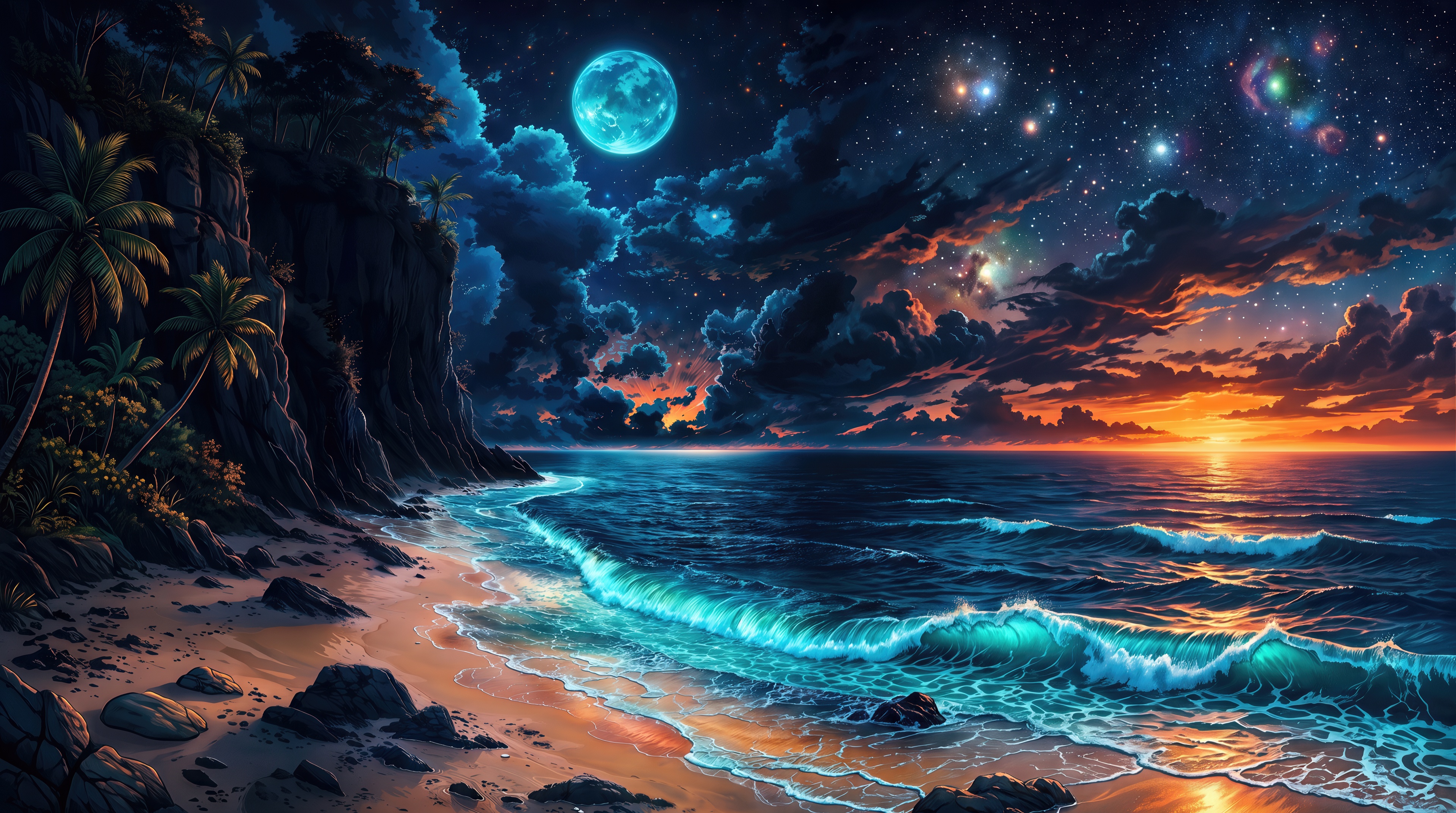免费照片一个神话般的夜晚海洋与生物发光冲浪的背景下繁星点点的空间，五颜六色的星云和月亮。