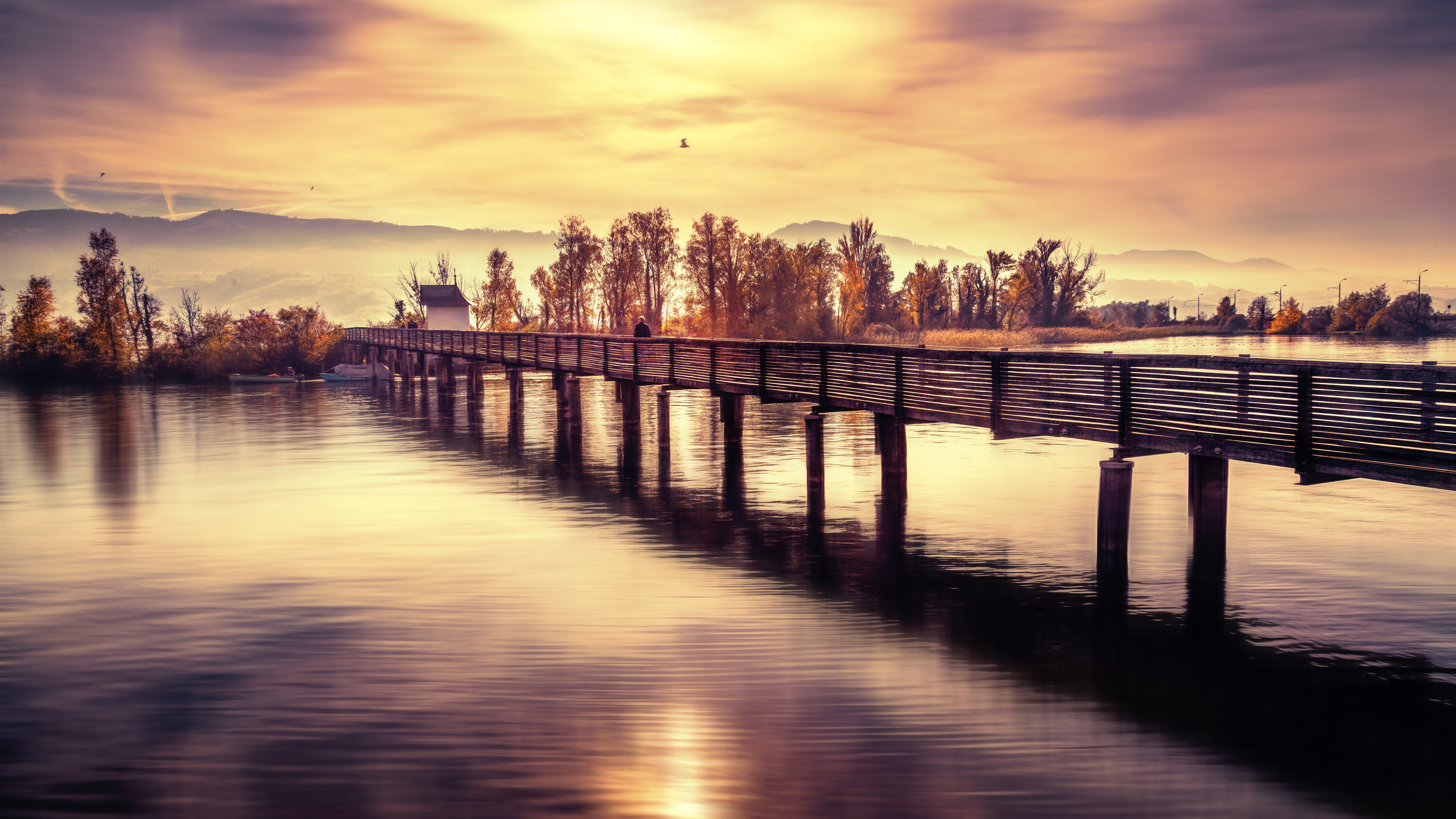 Free photo A wooden footbridge over a tranquil river