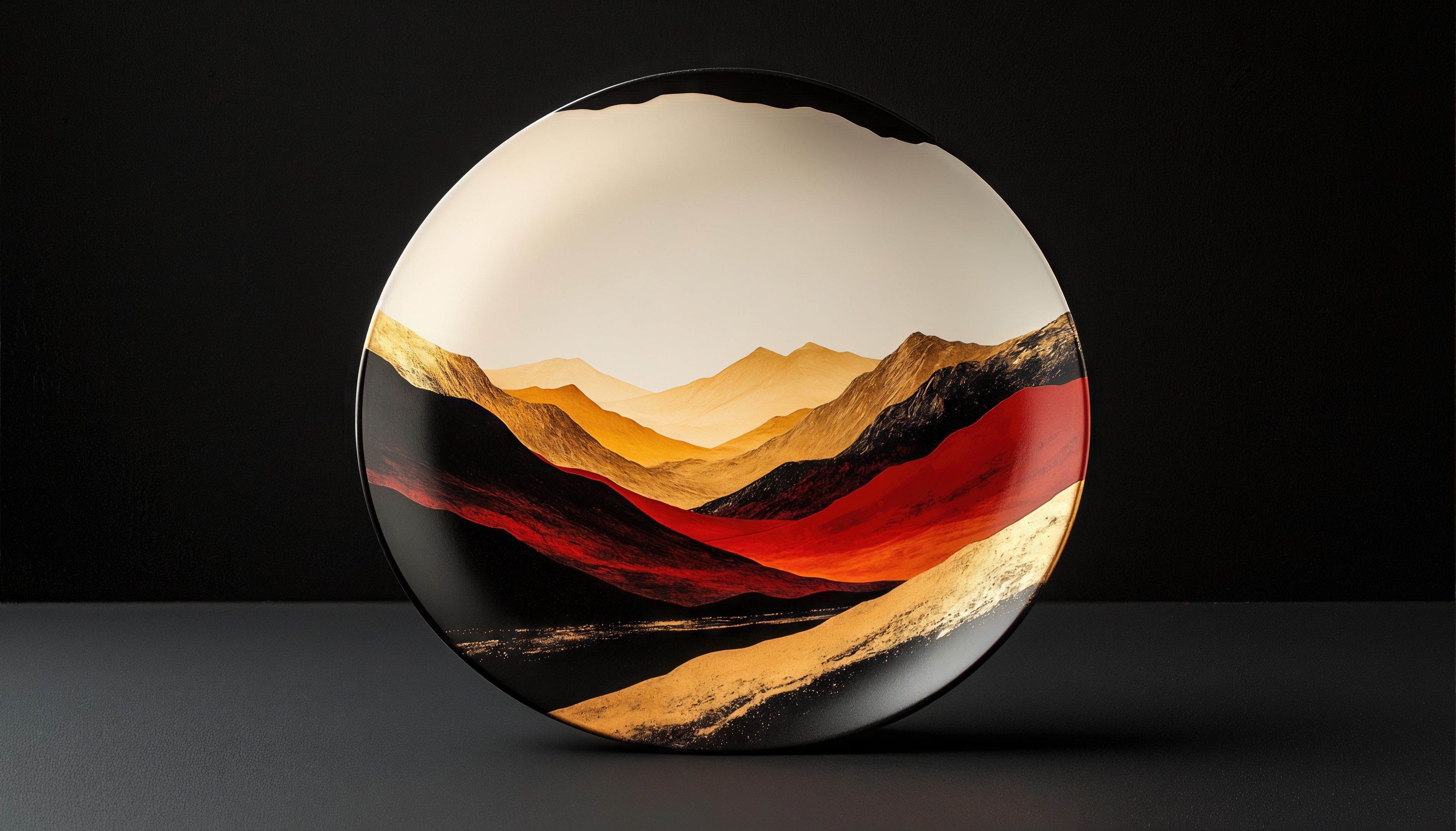 Керамическая тарелка с абстрактным горным пейзажем на чёрном фоне.