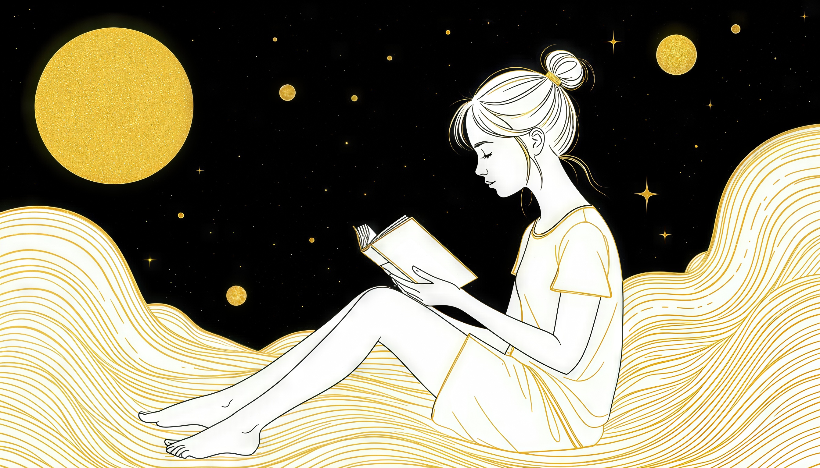 Бесплатное фото Девушка погружена в чтение книги на фоне звёздного неба и золотых планет.