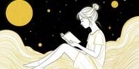 Девушка погружена в чтение книги на фоне звёздного неба и золотых планет.