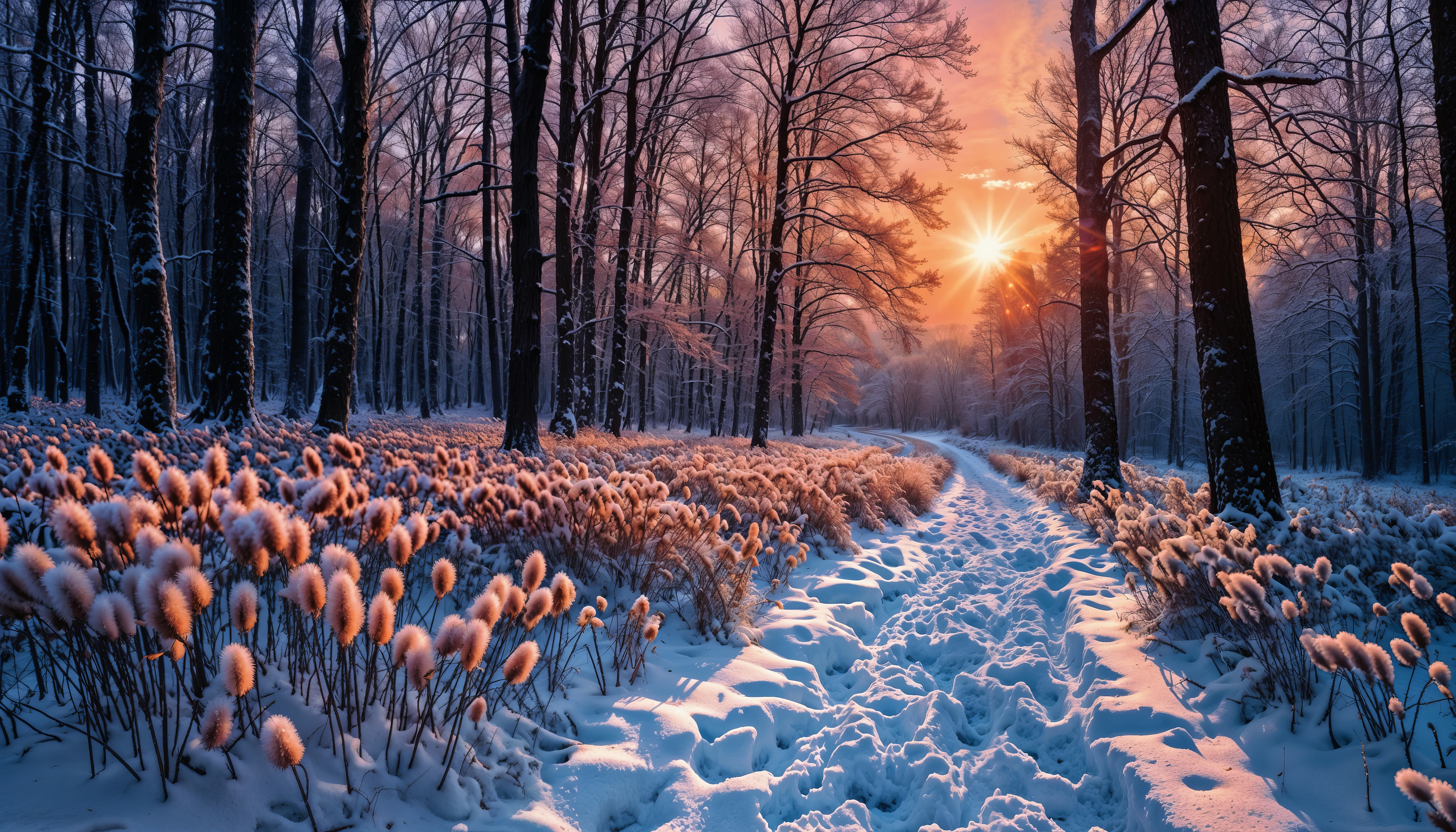 Бесплатное фото Закат сияет вдали над заснеженным лесом