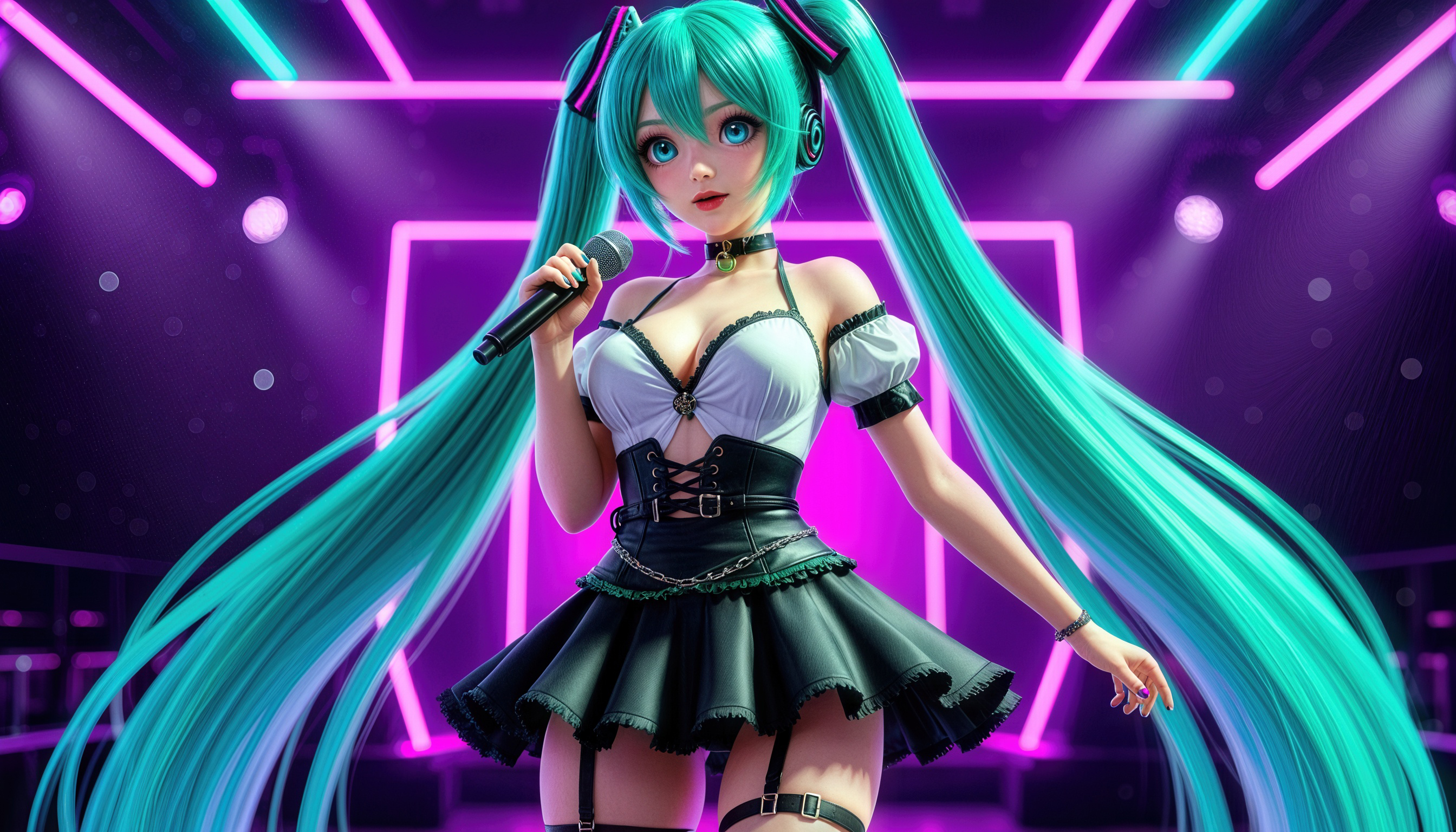 Виртуальная певица Hatsune Miku в стиле лолита на неоновой сцене.