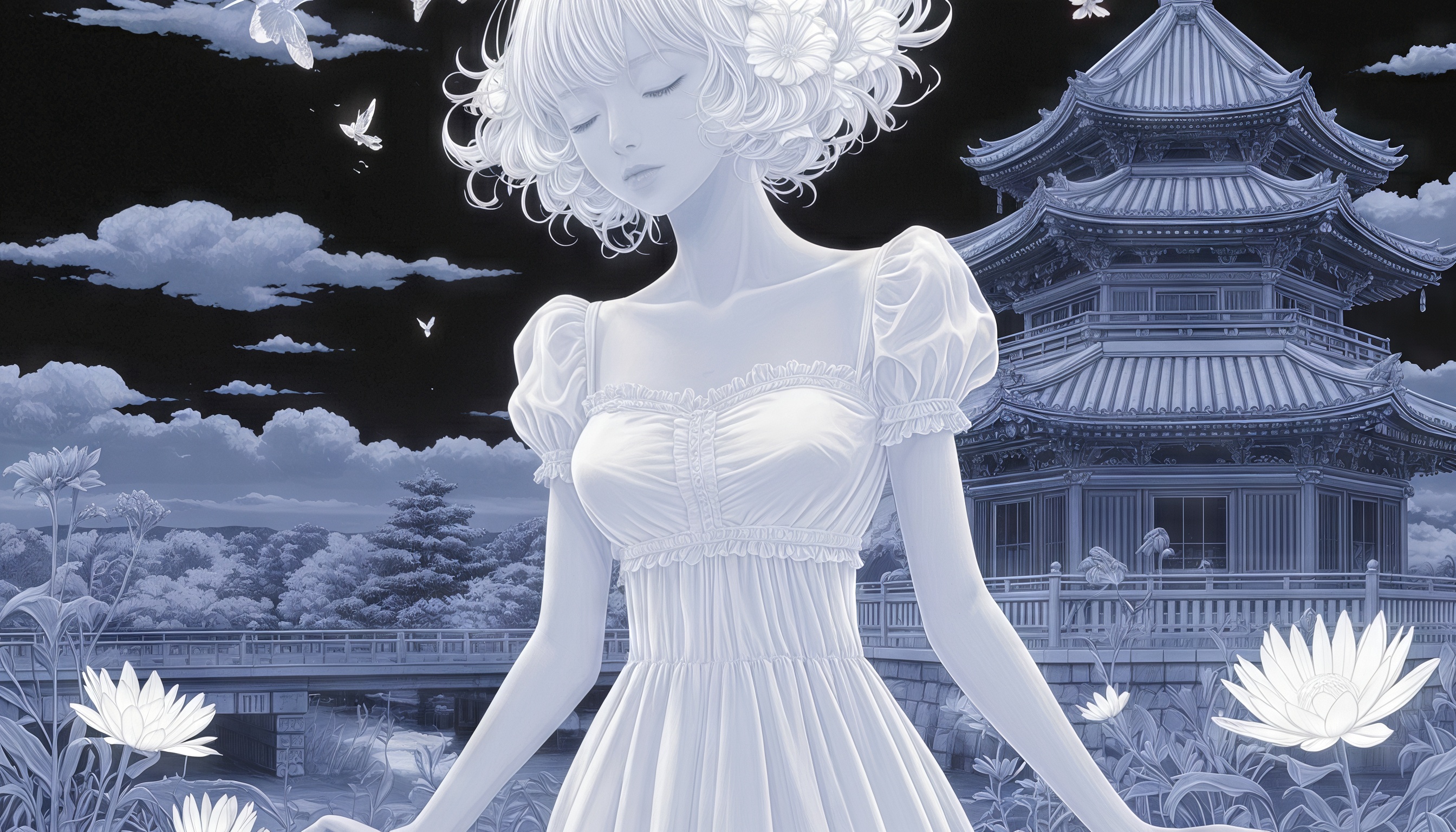 Бесплатное фото Аниме-девушка в белом платье на фоне темного неба с храмом и цветами.