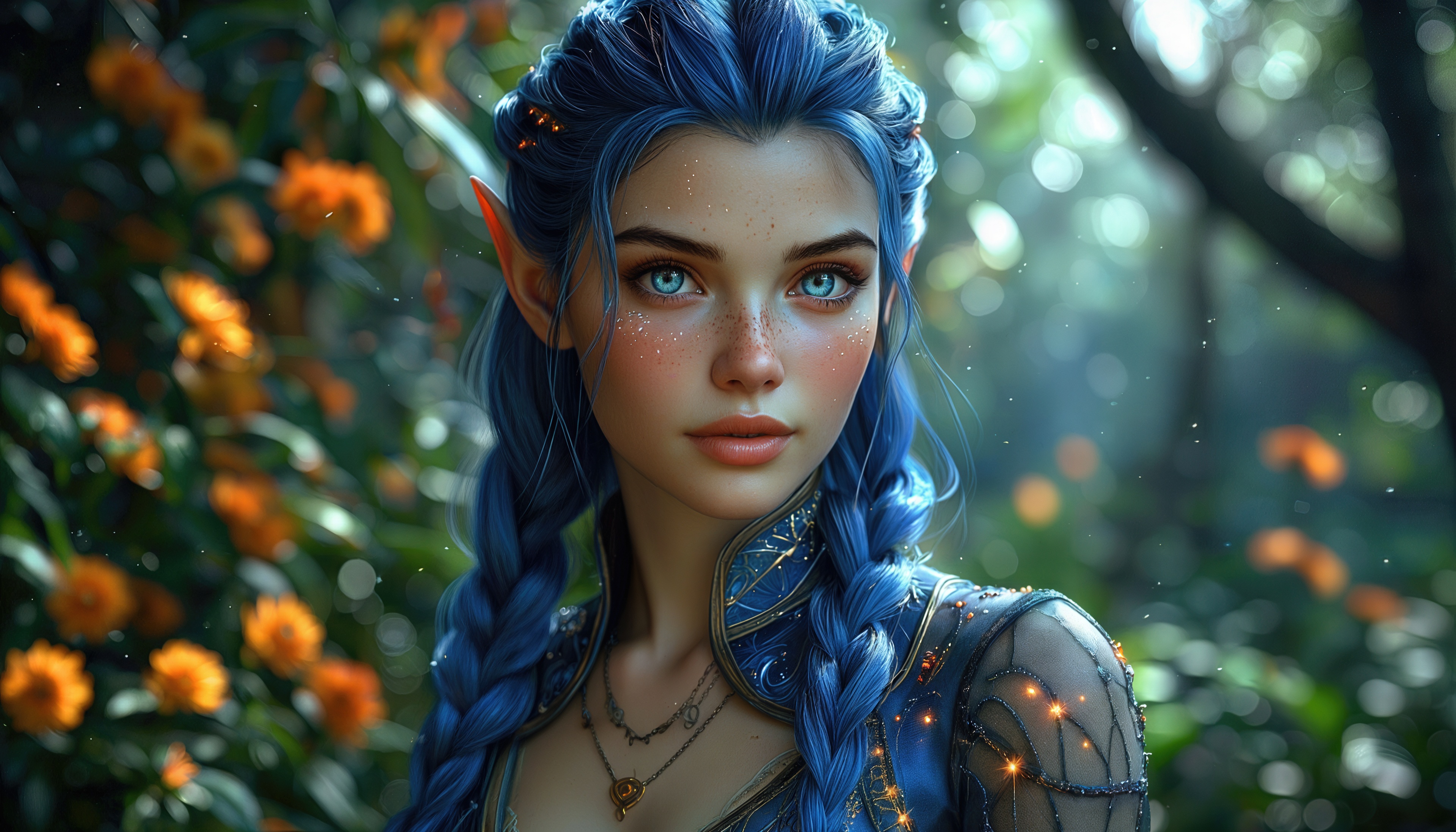 Эльфийка с синими косами позирует среди оранжевых цветов в лесу.