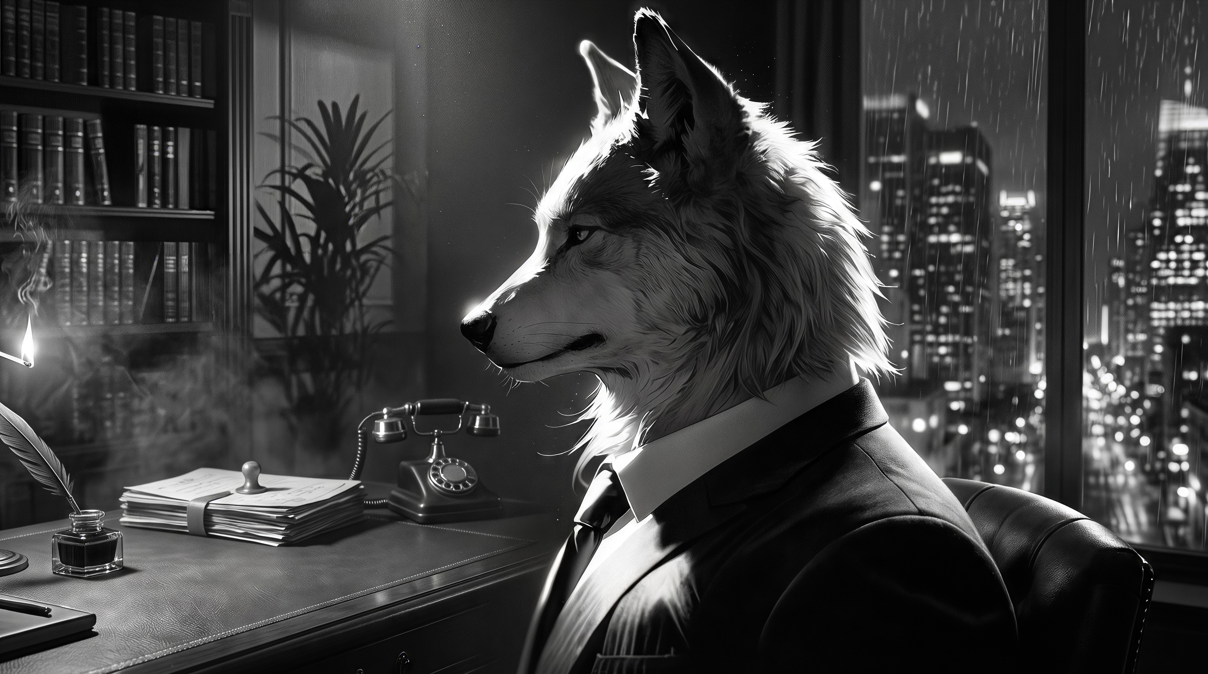 Monochrome noir art: an anthropomorphic wolf detective in a classic jacket at his desk.
