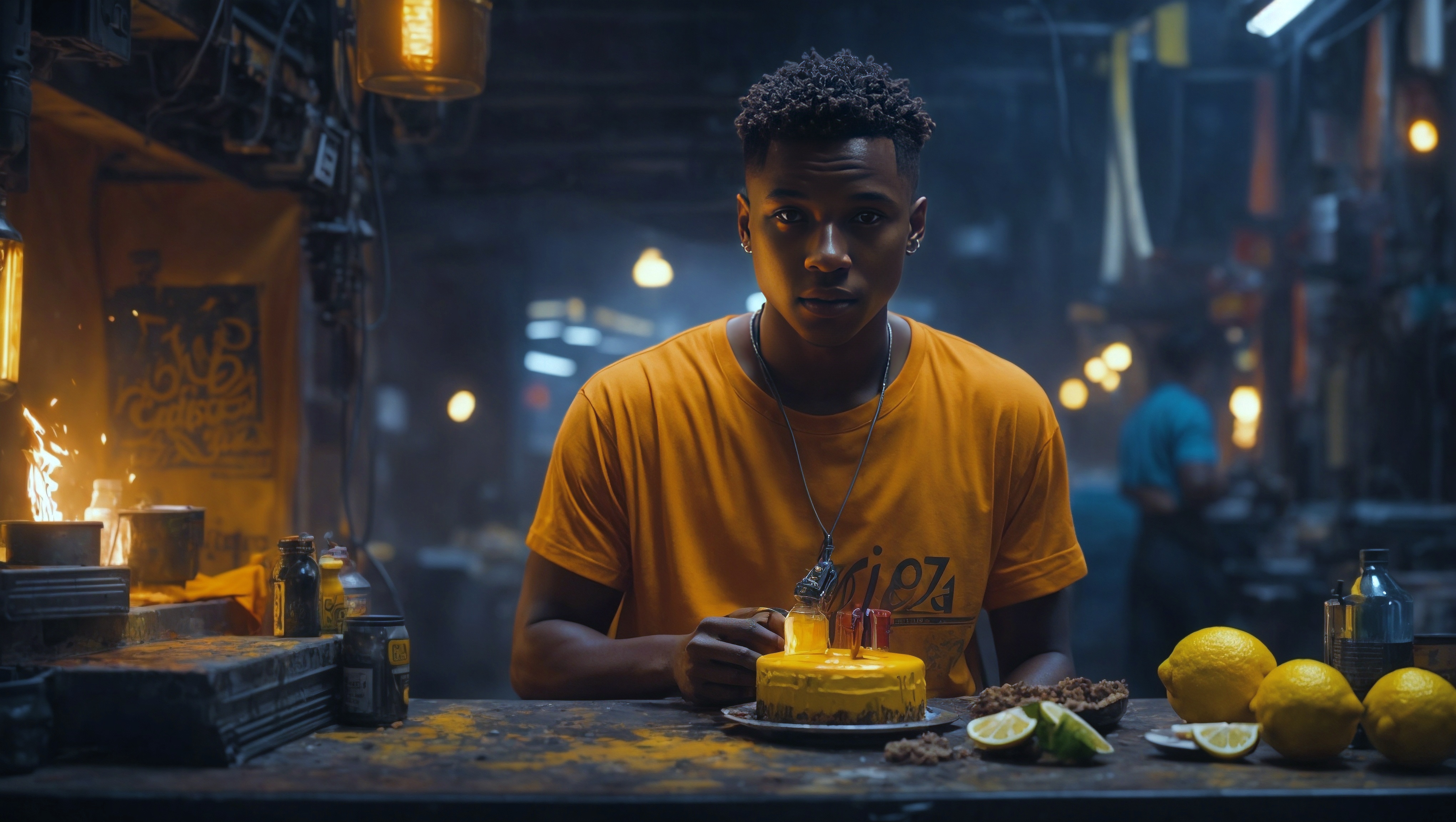Молодой человек стоит перед столом, на котором стоит торт со свечами и лимонами.