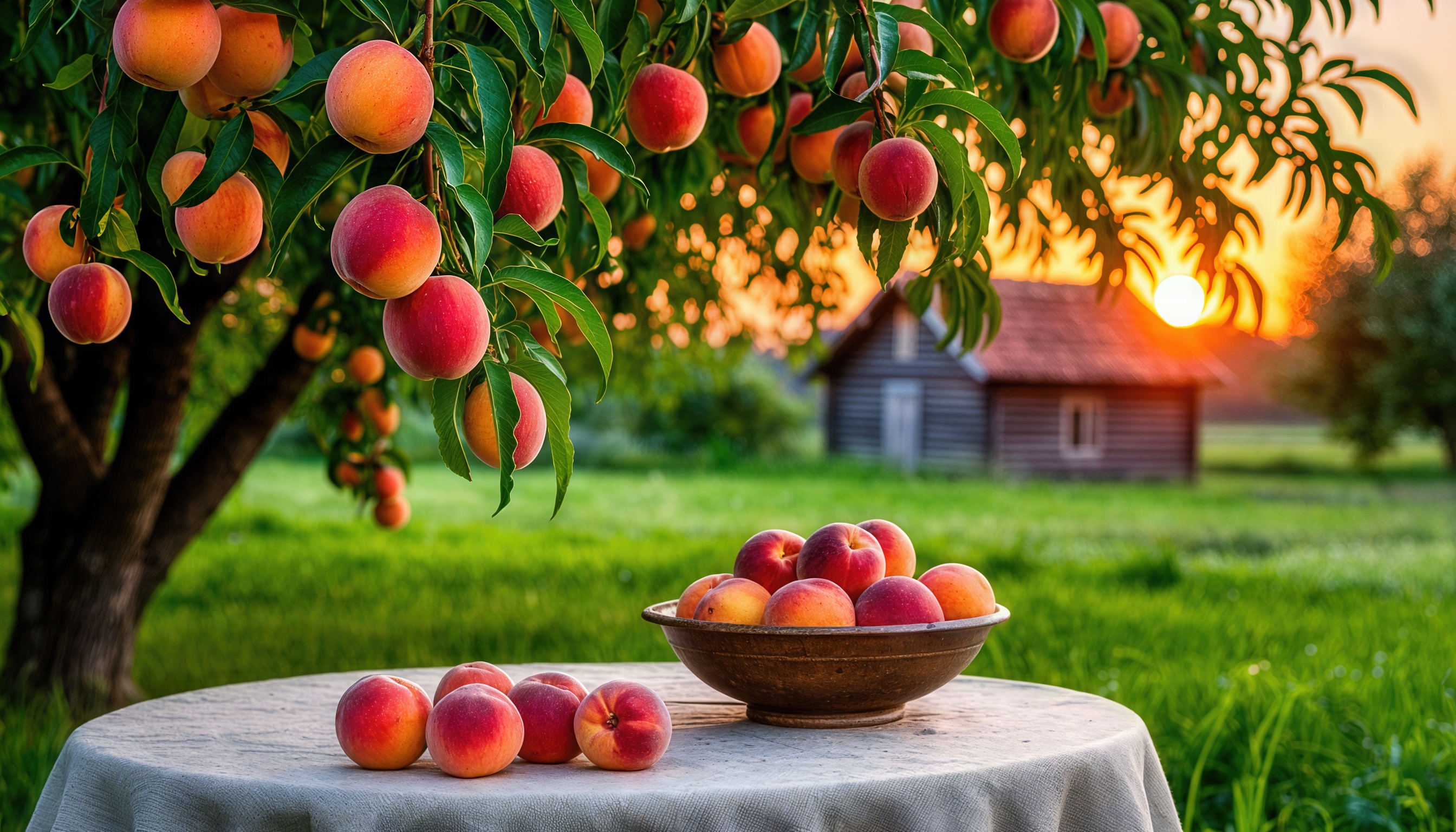 Бесплатное фото Сад с персиковым деревом, стол с персиками и миской, а на заднем плане виден дом и закат.