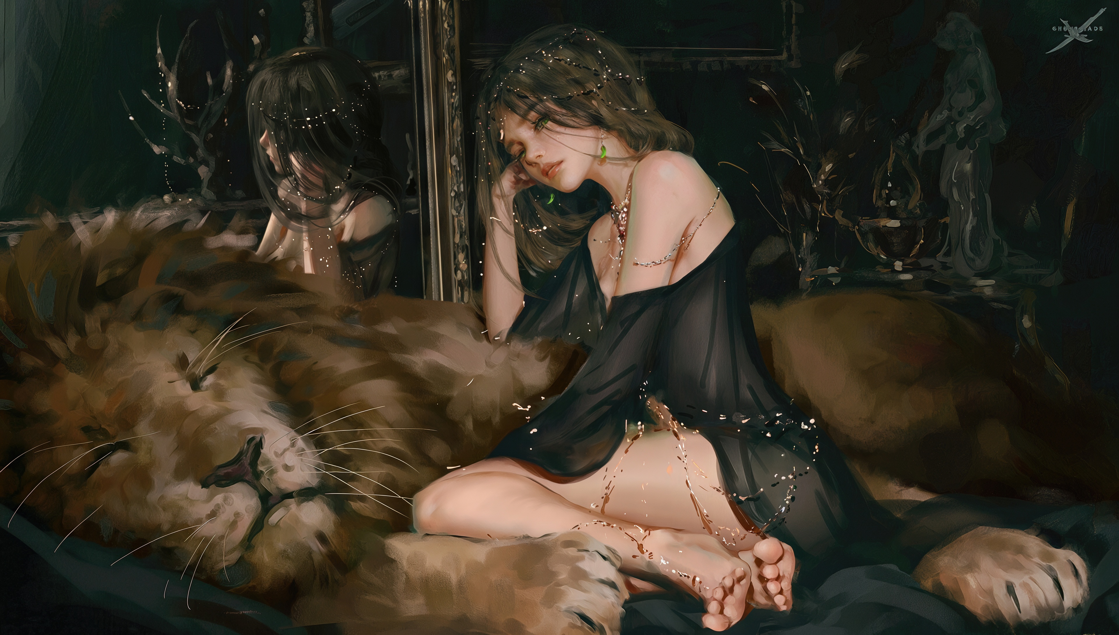 Бесплатное фото Эолиан в задумчивости рядом с могучим львом - сцена из мира Призрачного клинка.