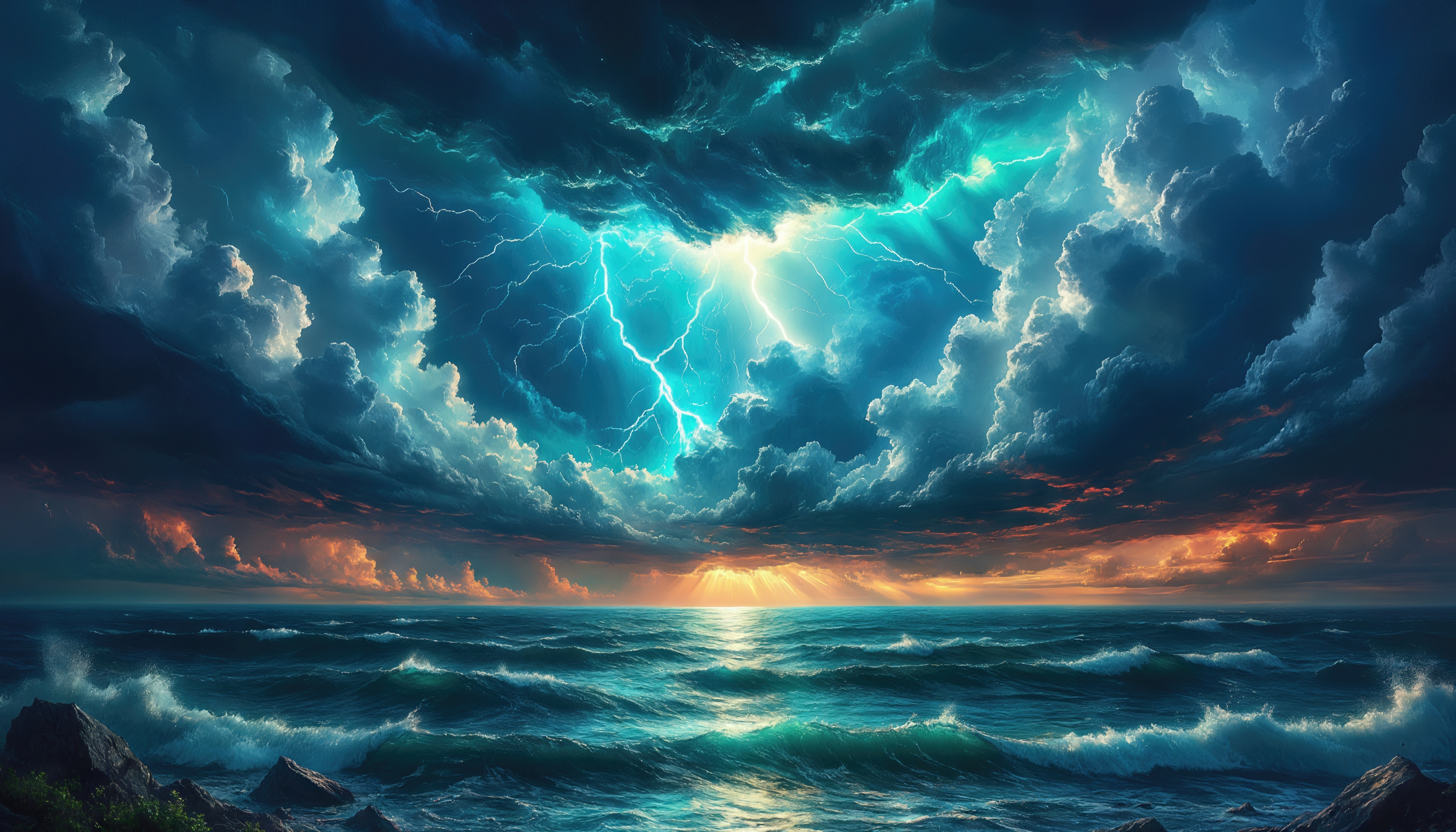 Бесплатное фото Бушующий океан рвётся к скалам, а небо рвёт молния - в танце тьмы и закатного золота