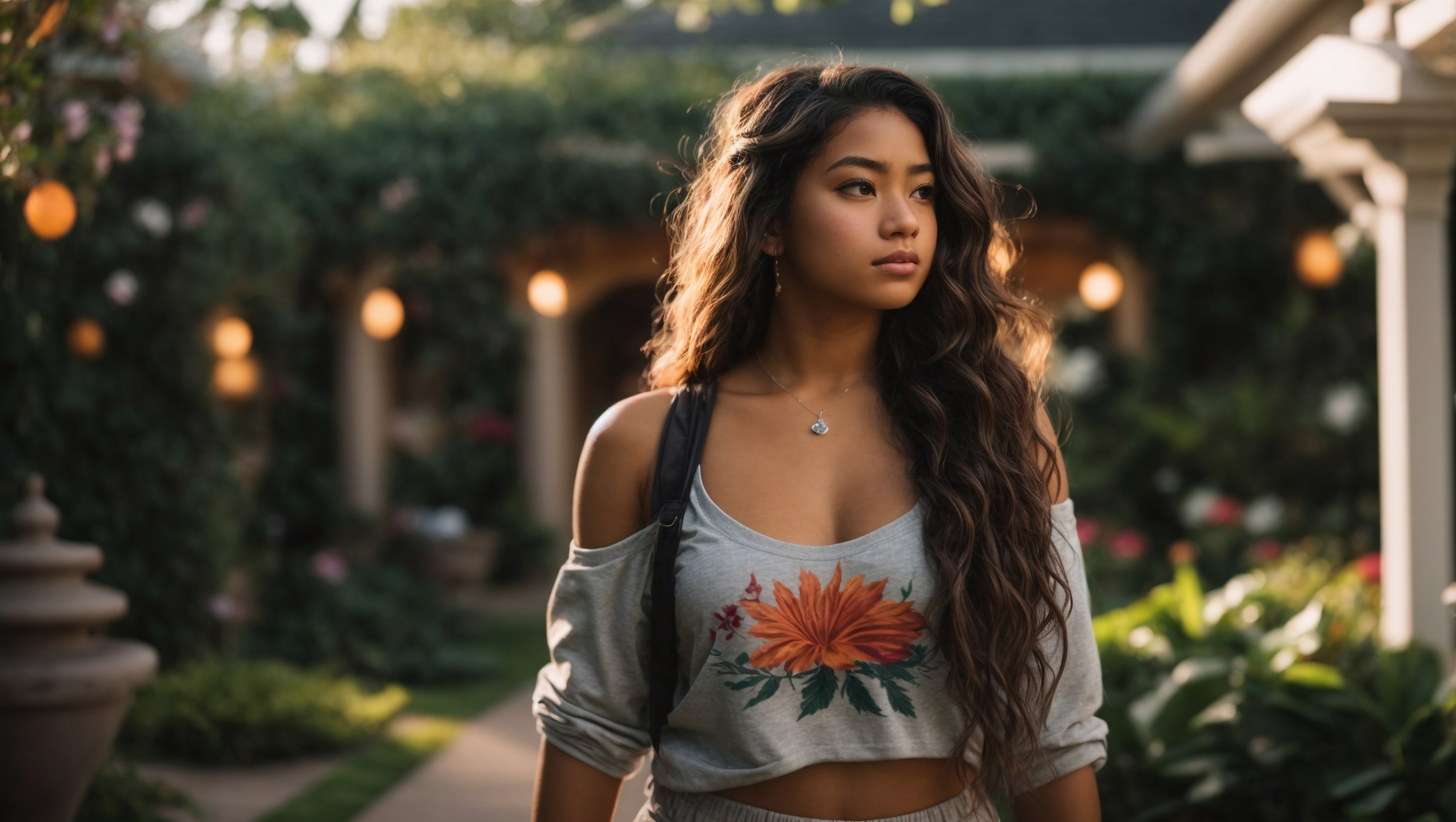 Free photo Young woman standing in a garden with a house behind her