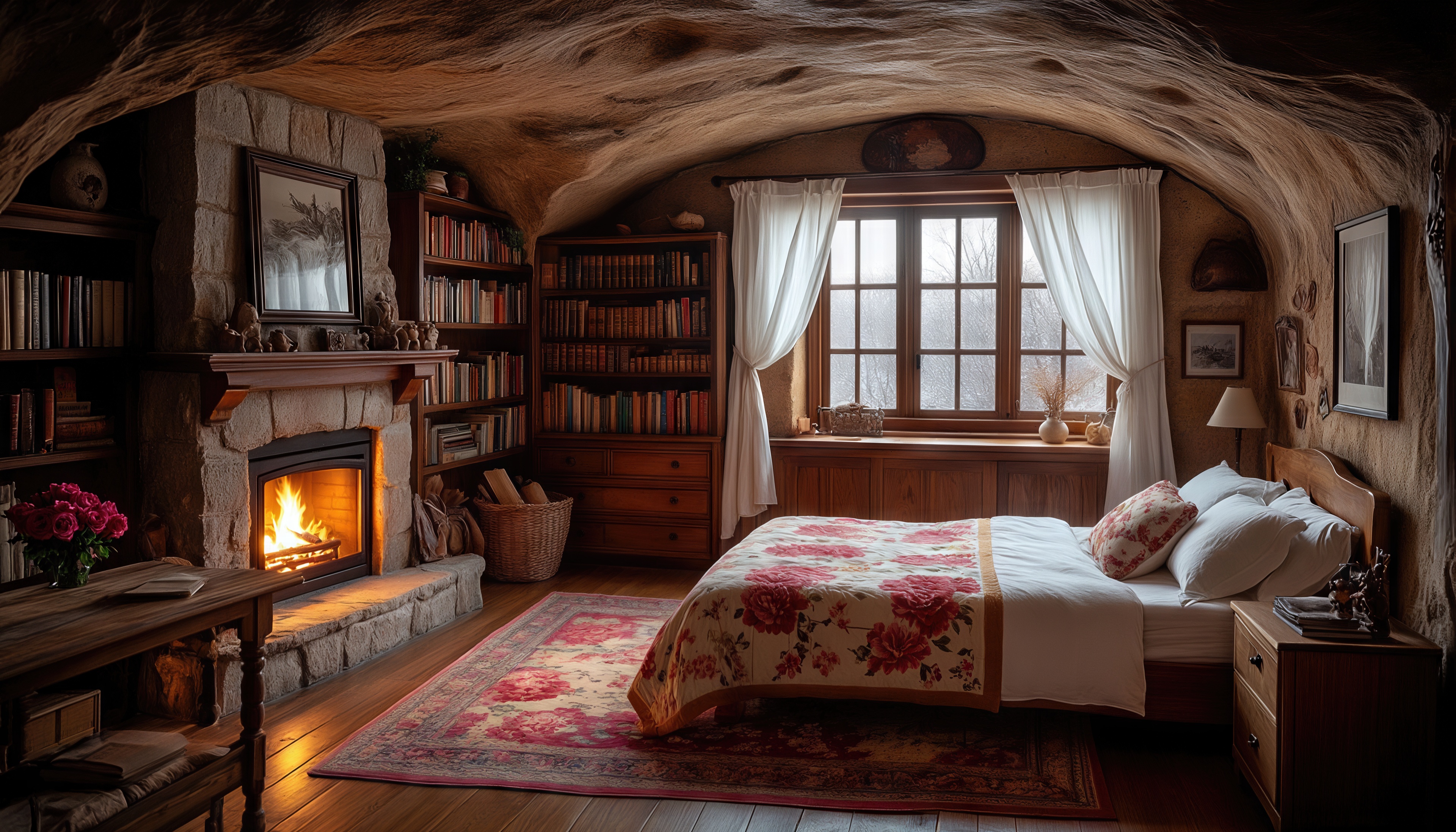 Бесплатное фото Уютная спальня в пещере с камином, книжными полками и цветочным покрывалом.