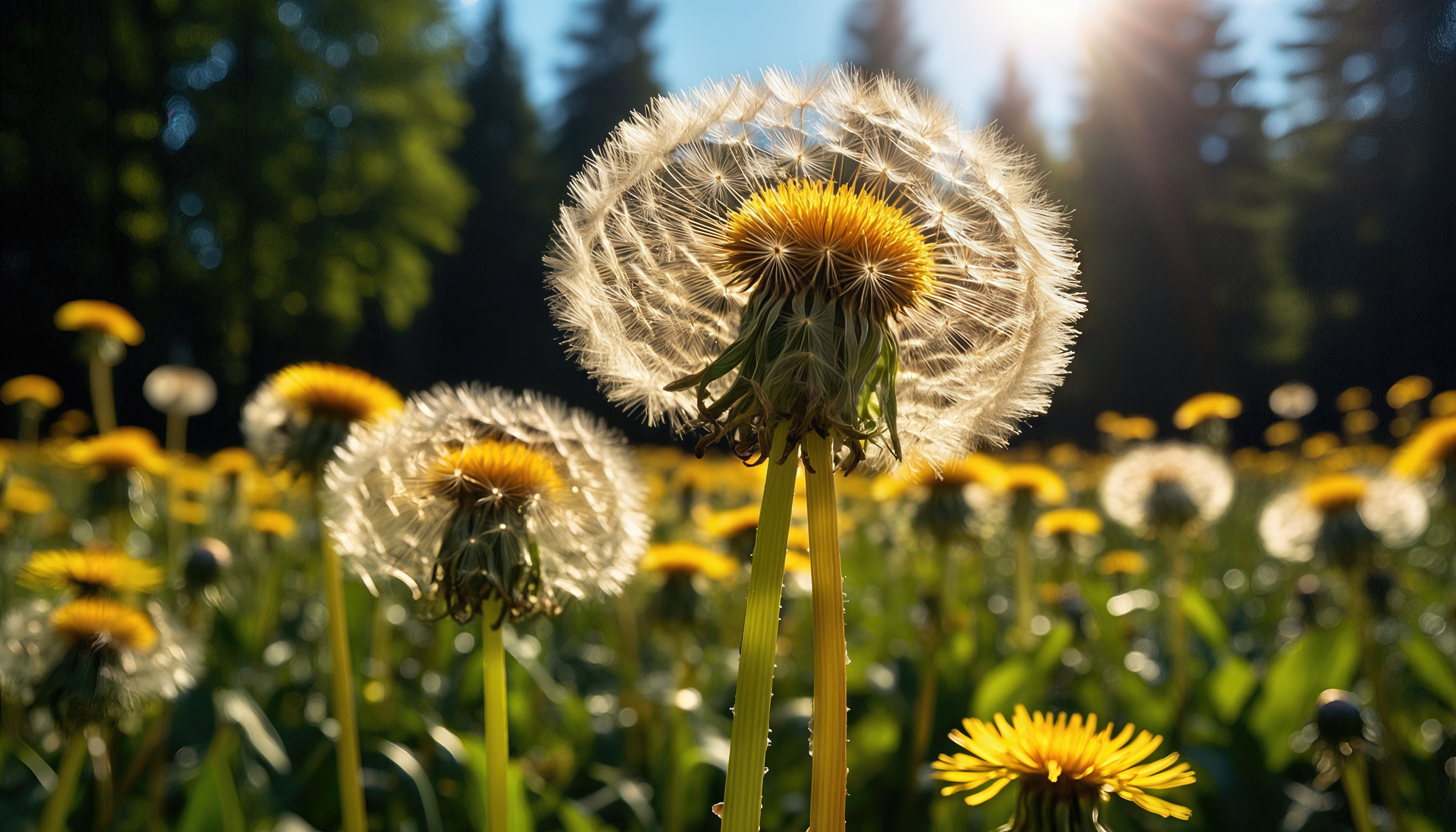 Бесплатное фото Пушистые головки одуванчиков купаются в лучах тёплого солнца на зелёном лугу.