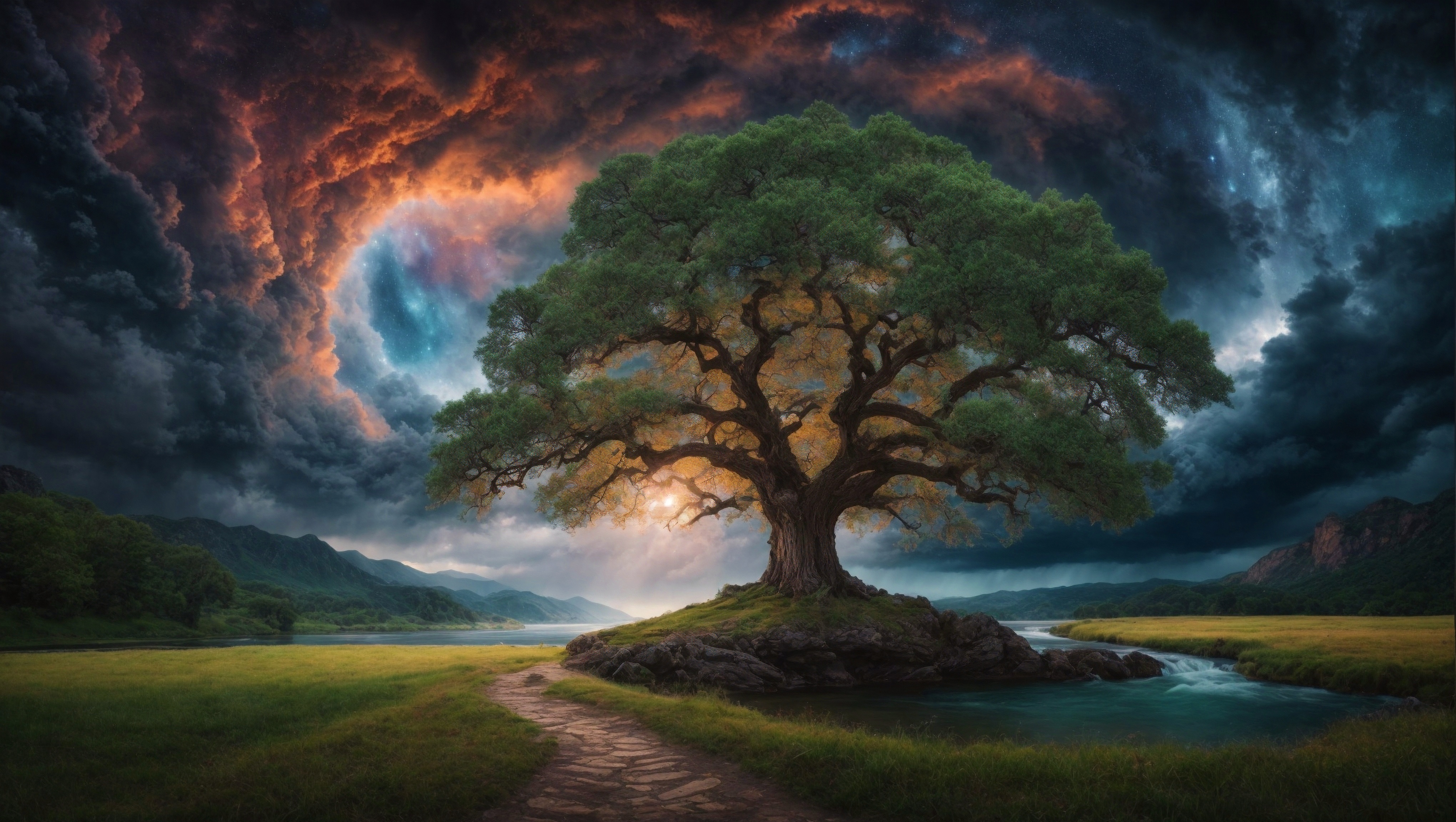 Бесплатное фото Дерево в поле рядом с ручьем